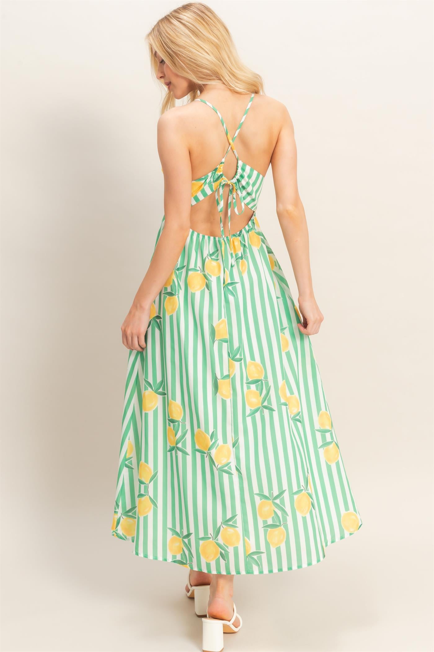 Wholesale Striped Lemon Print Midi Dress Dresses HF26C269 GREEN HYFVE