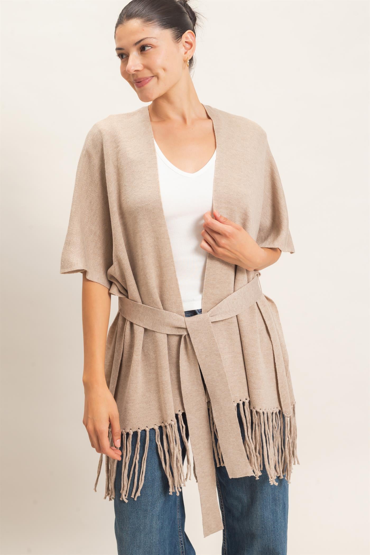 Wholesale Fringe Hem Kimono Sweater Kimonos HF26E041 CAMEL HYFVE