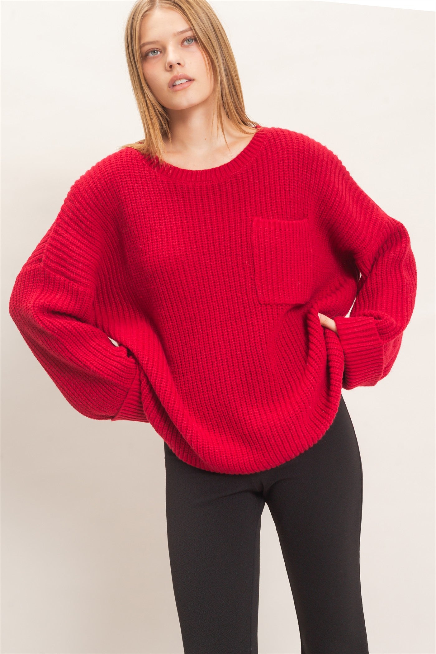 Wholesale Ribbed Knit Patch Pocket Sweater Sweaters HF26F177 BURGUNDY HYFVE