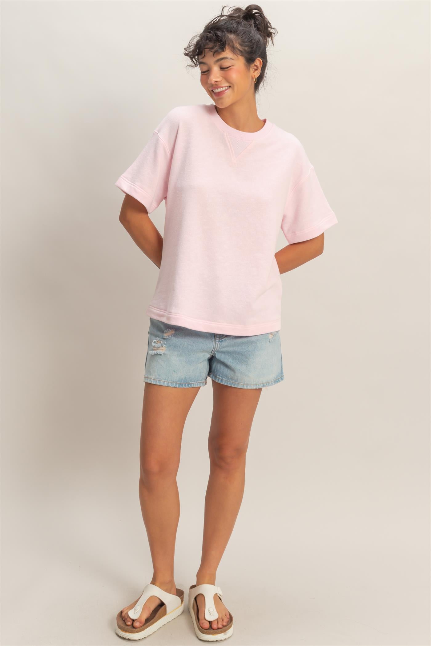 Wholesale Crew Neck Short Sleeve Top Clothing Tops DZ26A891 SOFT PINK DOUBLE ZERO