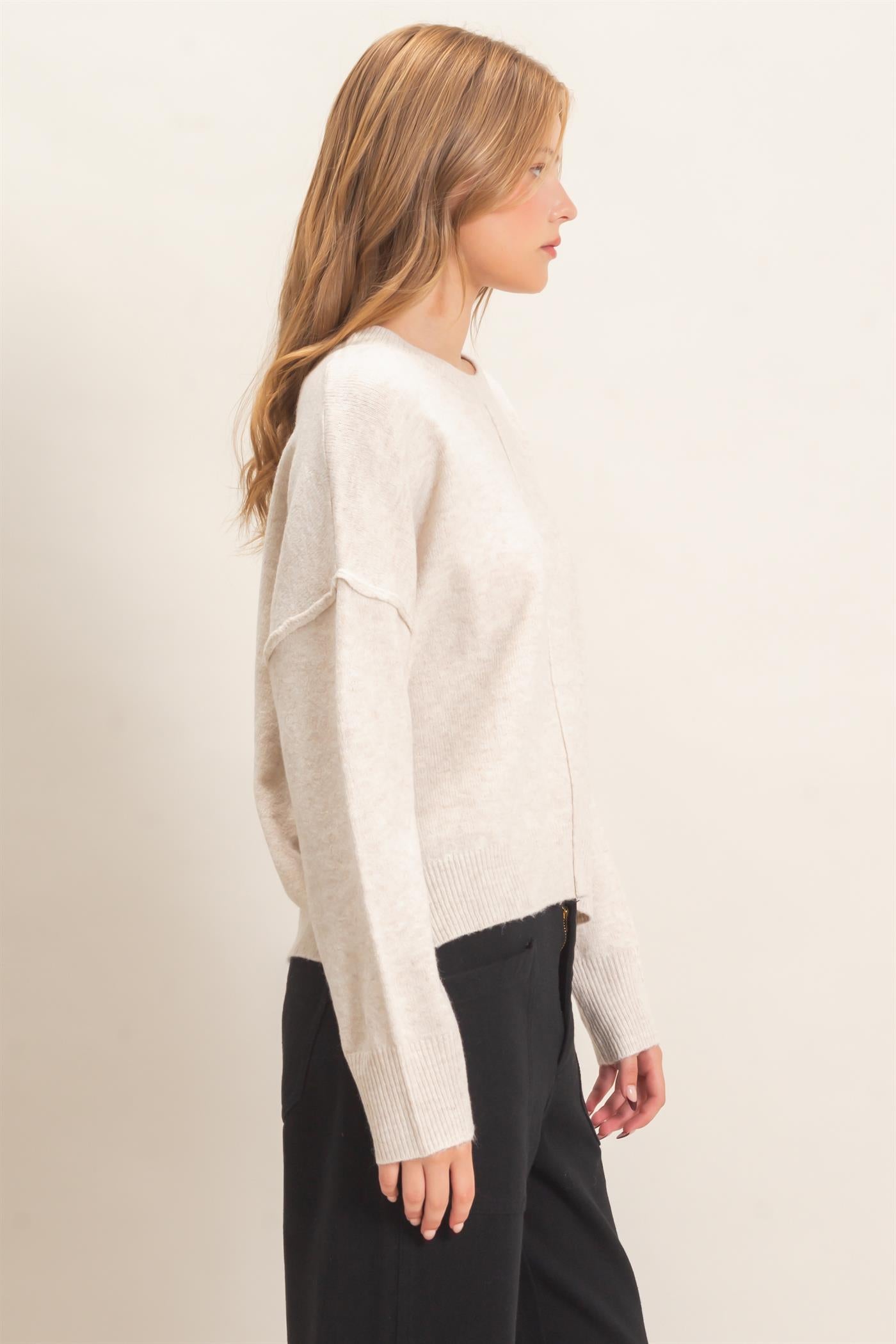 Wholesale Crew Neck Sweater With Ribbed Hem Sweaters HF26E203-D OATMEAL HYFVE