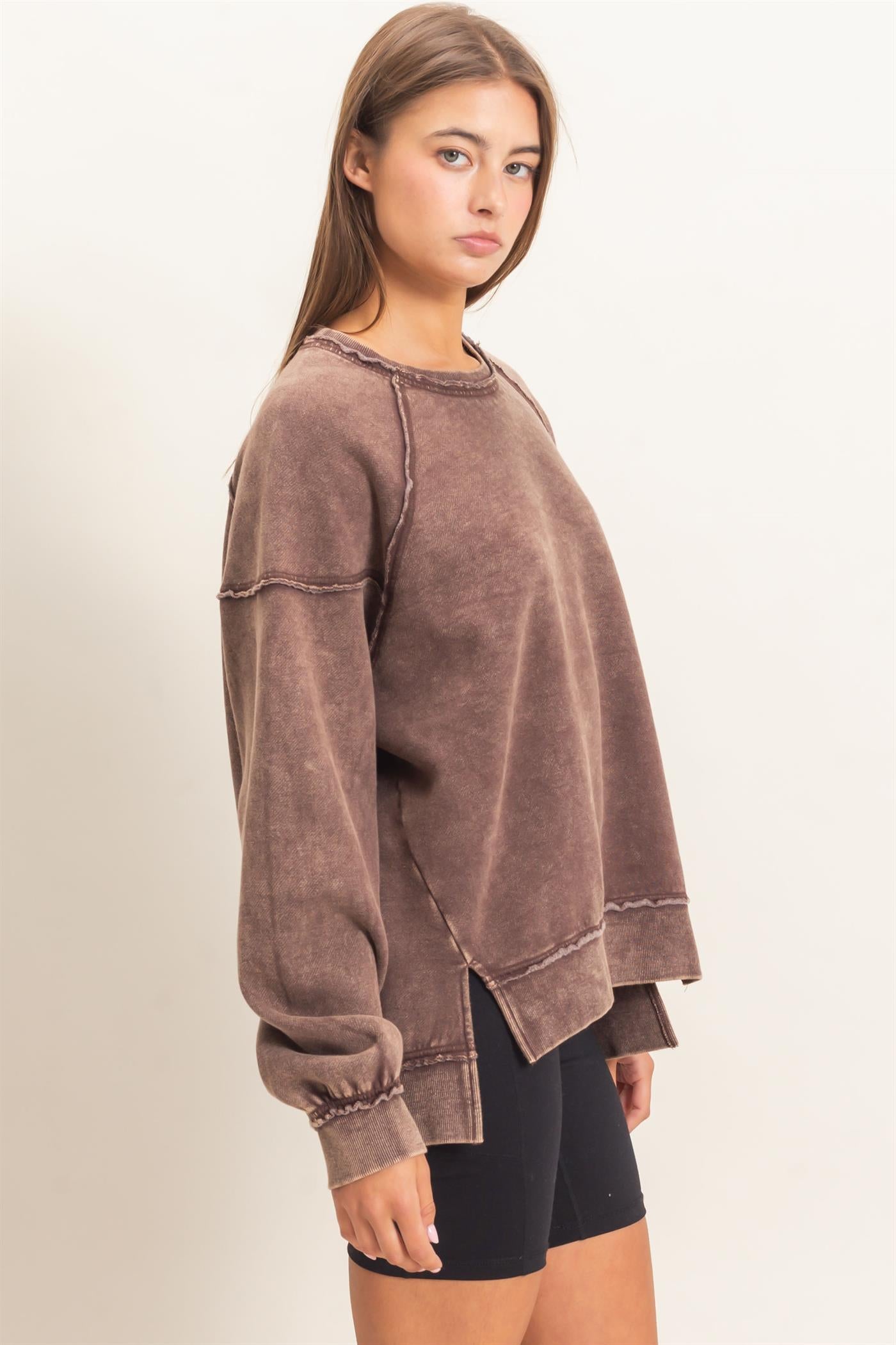 Wholesale Acid Wash Raw Edge Sweatshirt Sweatshirts DZ26C910 DARK BROWN DOUBLE ZERO