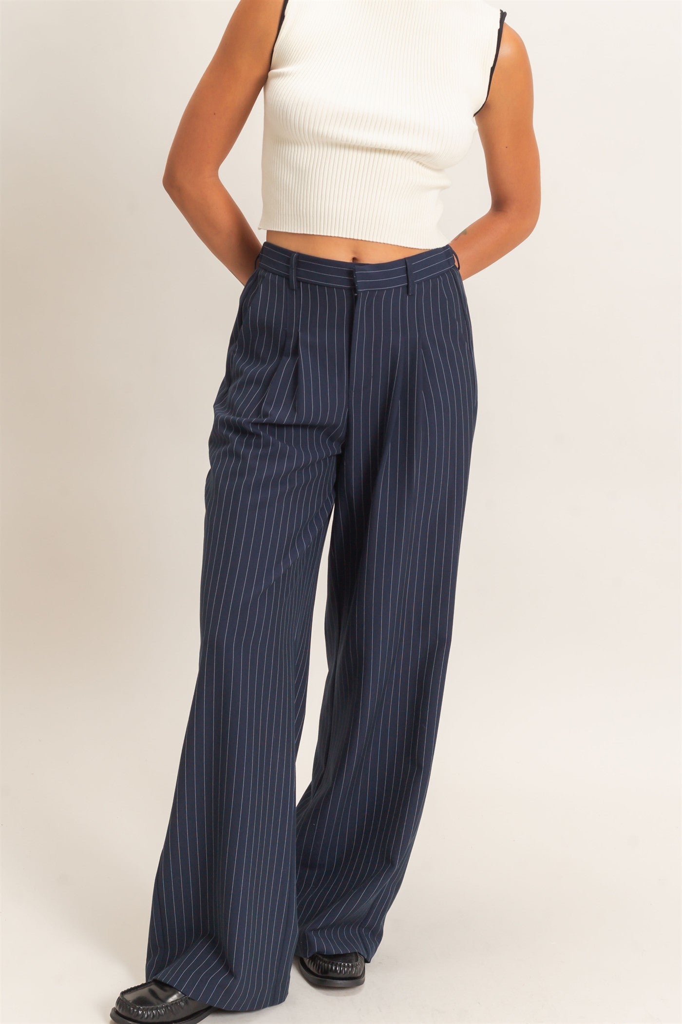 Wholesale Pinstripe Wide-Leg Trousers Pants DZ26E426 NAVY DOUBLE ZERO