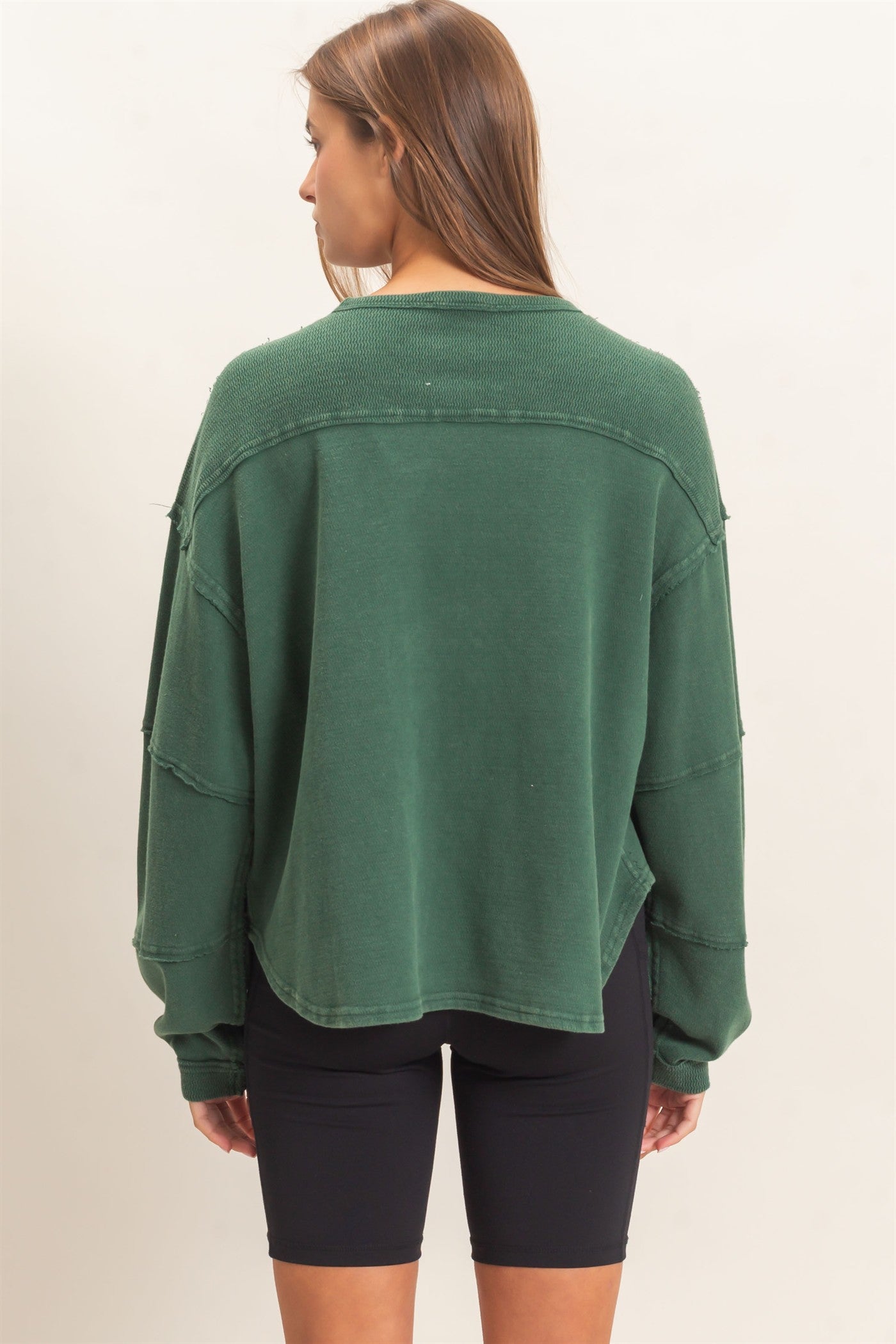 Wholesale Mineral Wash Overzised Raw Edge Crew Neck Top Clothing Tops DZ26E449 DARK GREEN DOUBLE ZERO