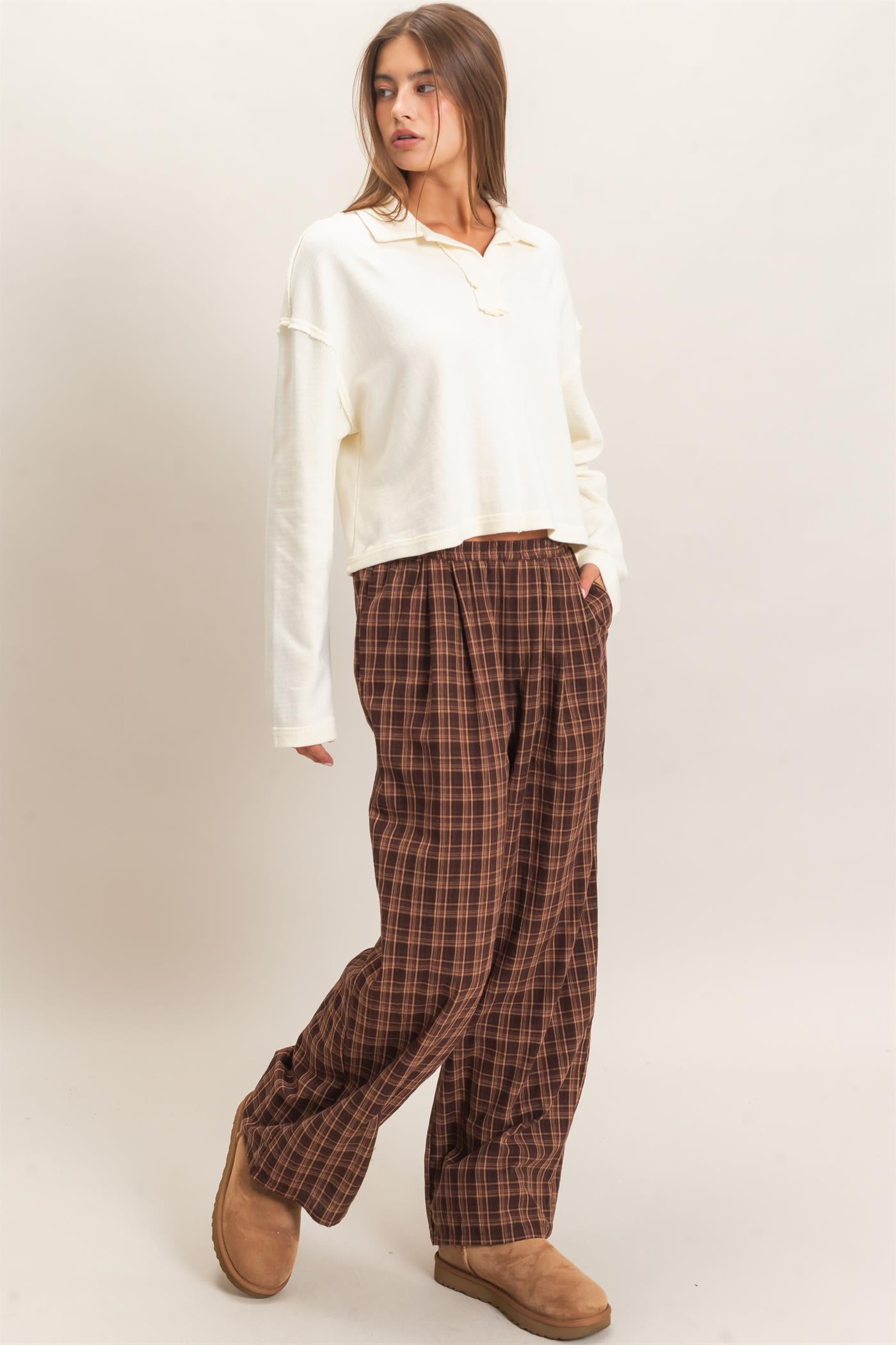 Wholesale Elastic Waist Plaid Pants Pants DZ26E375 BROWN DOUBLE ZERO