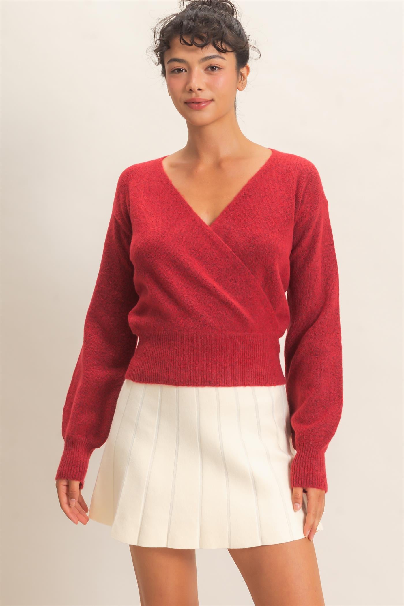 Wholesale Wrap V Neck Sweater Sweaters DZ26E948 DARK RED DOUBLE ZERO