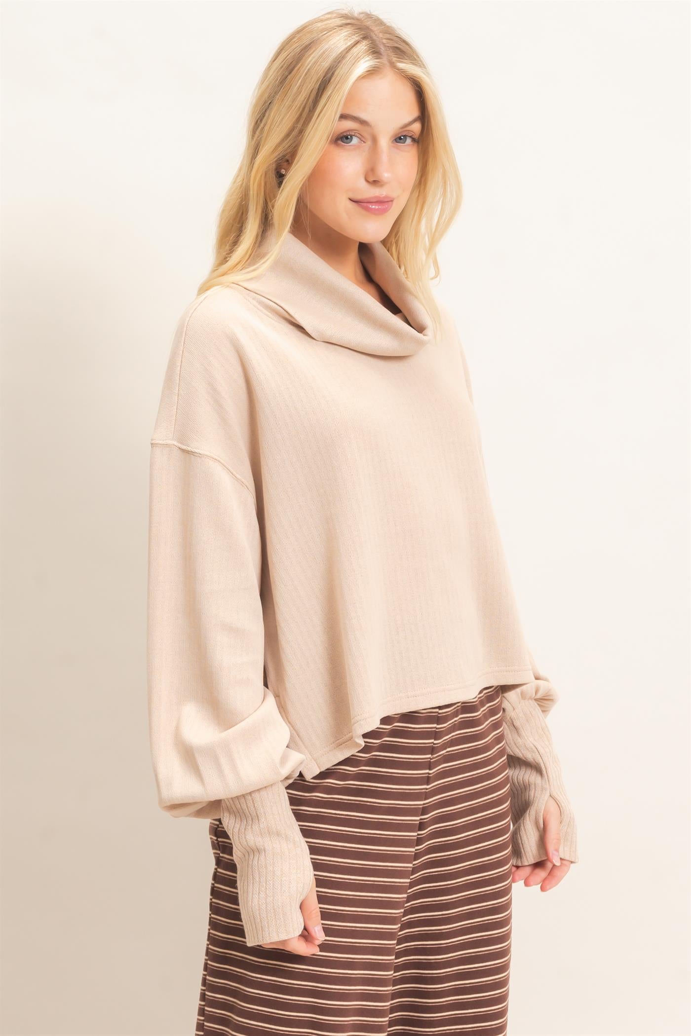 Wholesale Loose Turtleneck Long Sleeve Top Clothing Tops HF26F258 BEIGE HYFVE