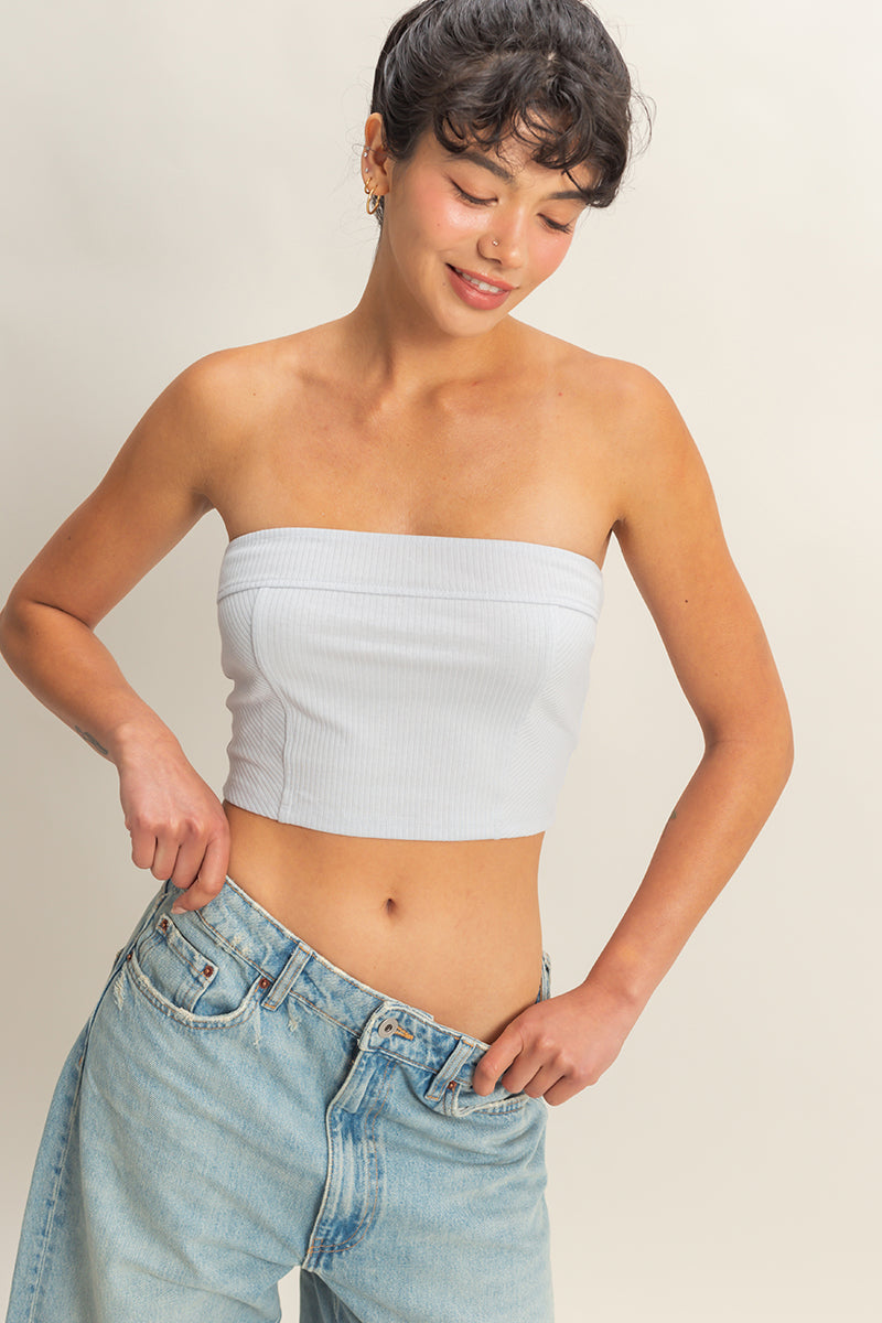Wholesale Strapless Ribbed Crop Top Clothing Tops DZ23E512 ARCTIC BLUE DOUBLE ZERO