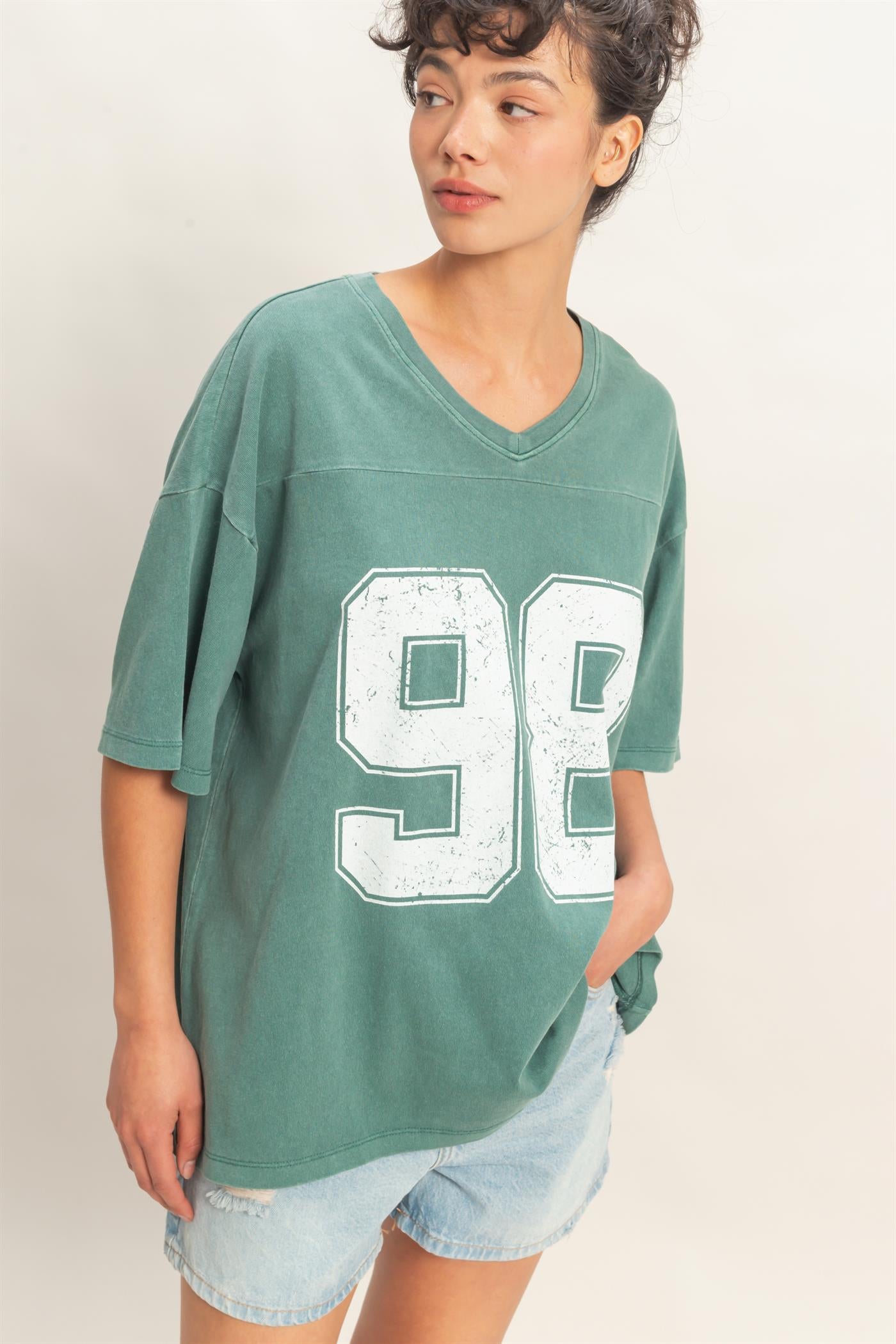 Wholesale Oversized Varsity Style V-Neck Graphic T-Shirt T-Shirts DZ26C200 DARK TEAL DOUBLE ZERO