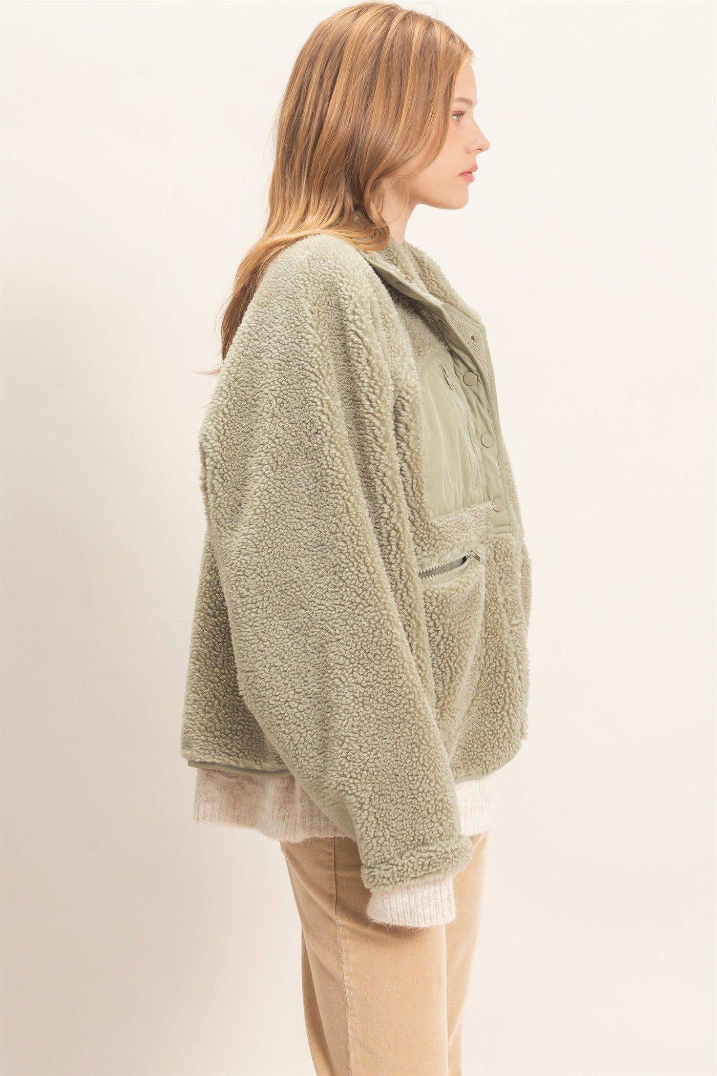 Wholesale Sherpa Fleece Jacket Coats & Jackets HF26E077 SAGE GREEN HYFVE