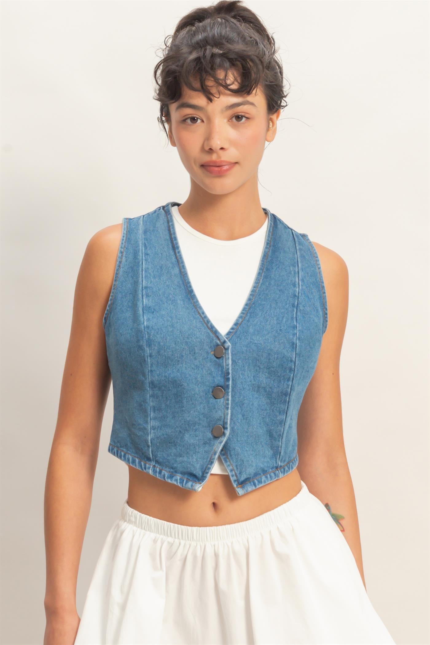 Wholesale V-Neck Sleeveless Denim Vest Clothing Tops DZ26C736 MEDIUM BLUE DOUBLE ZERO