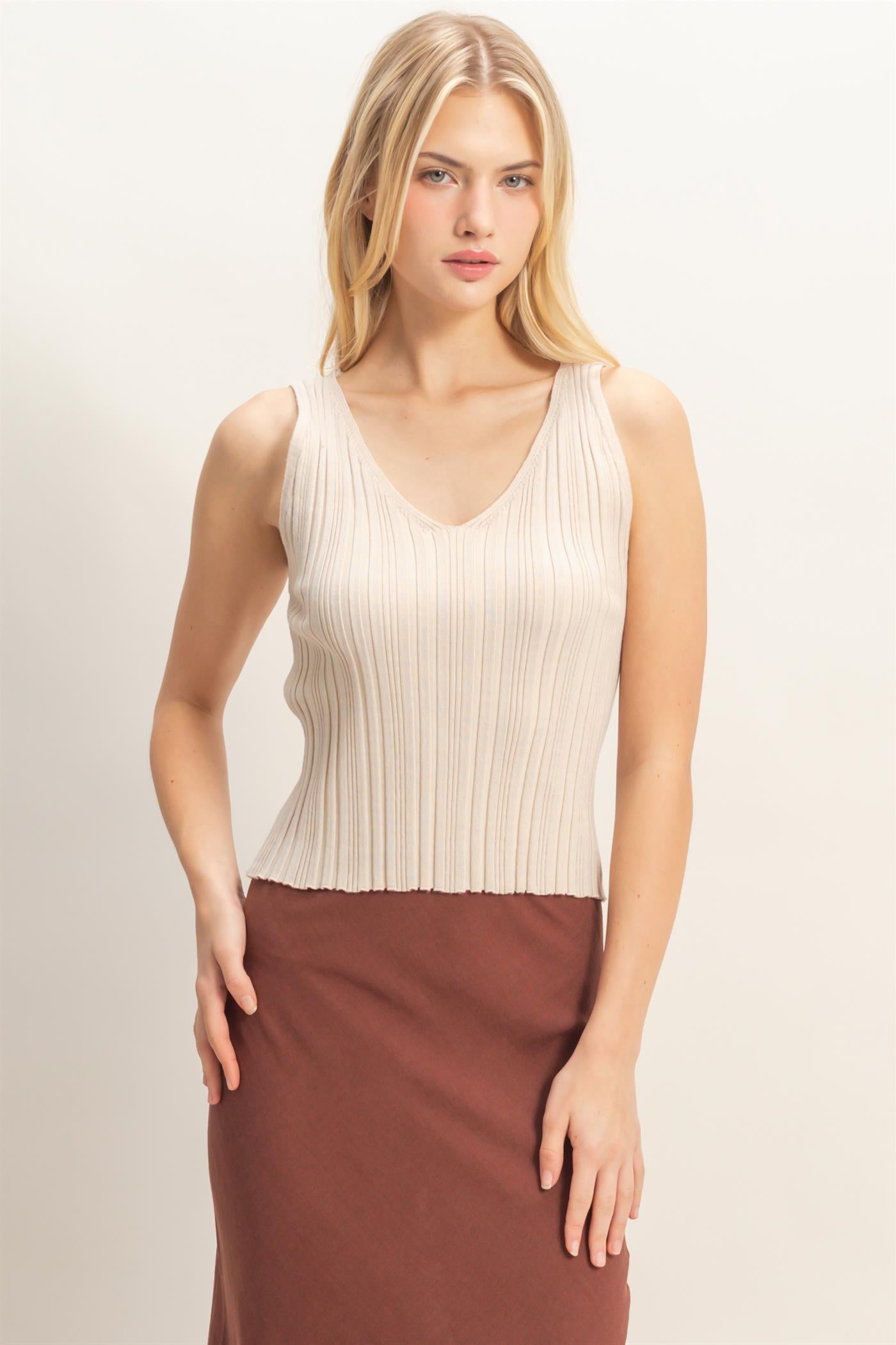 Wholesale Ribbed V-Neck Tank Top Sweaters HF26C331 SAND HYFVE
