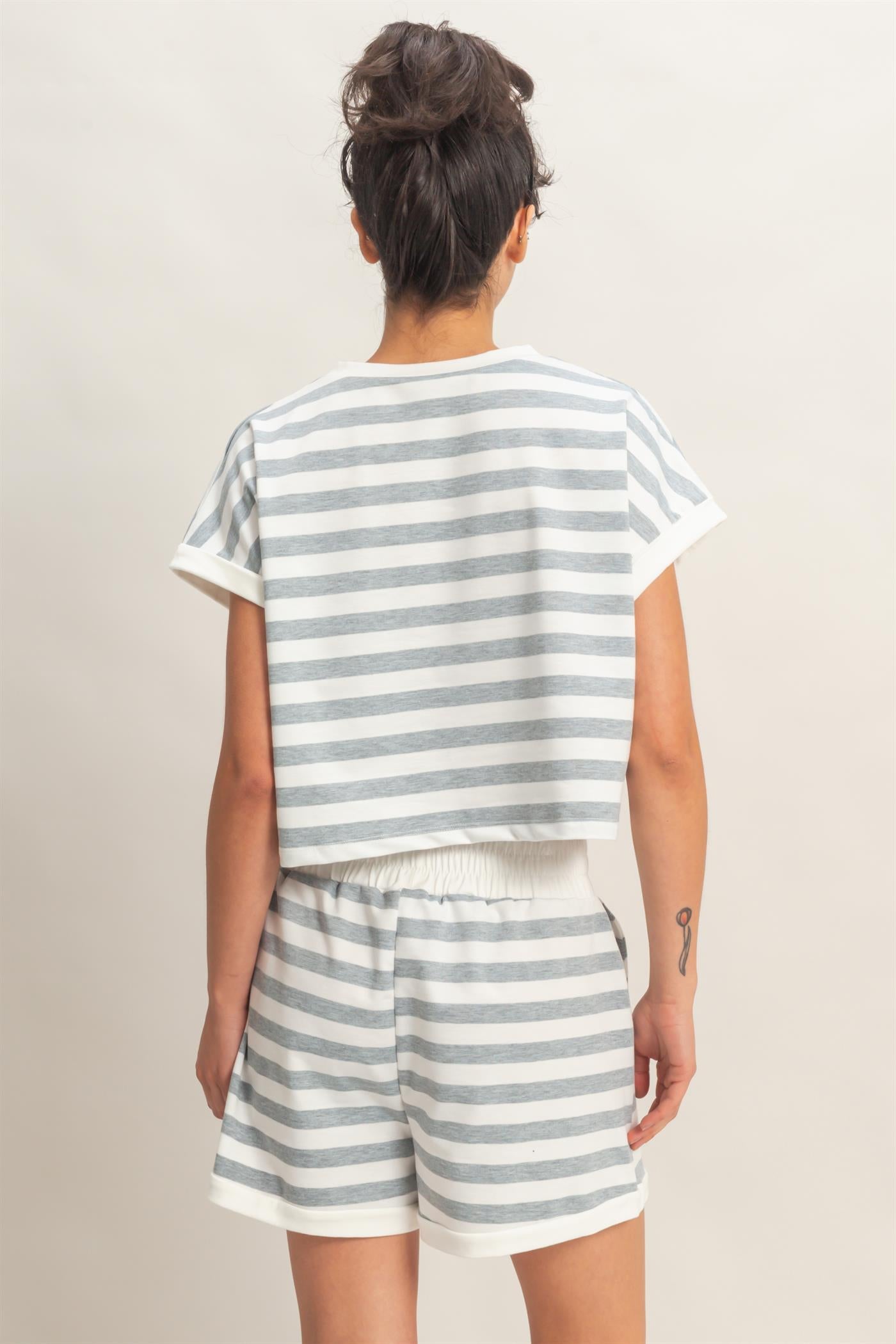 Wholesale Striped Short Sleeve Top & Shorts Set Clothing HF26C064-SET HEATHER GRAY HYFVE