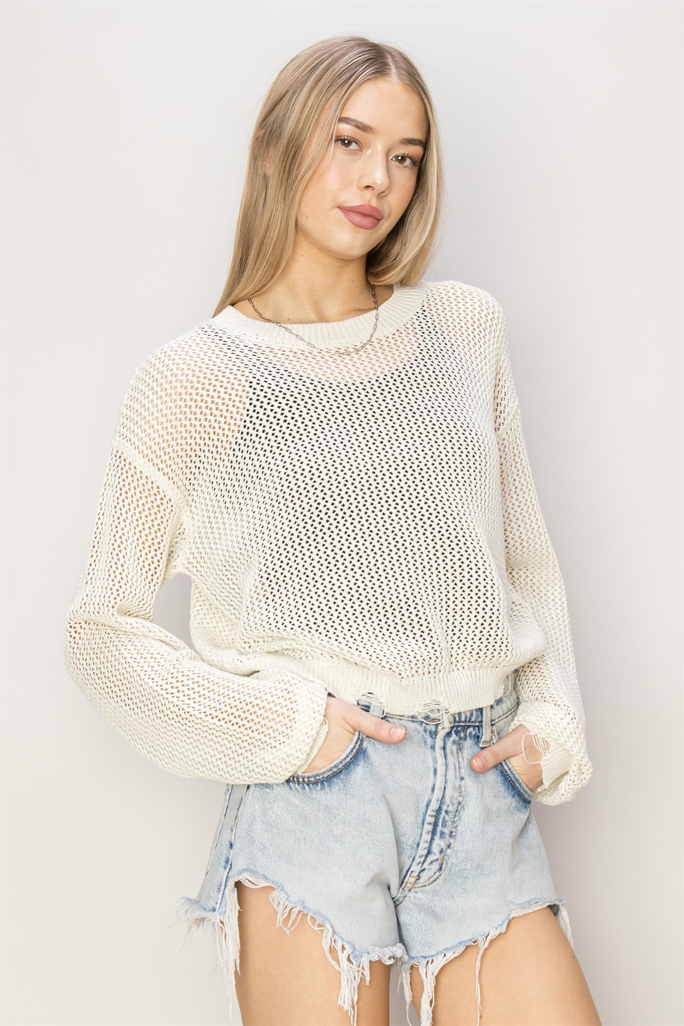 Wholesale Distressed Knit Sweater Clothing Tops DZ24C038 WHIP CREAM DOUBLE ZERO