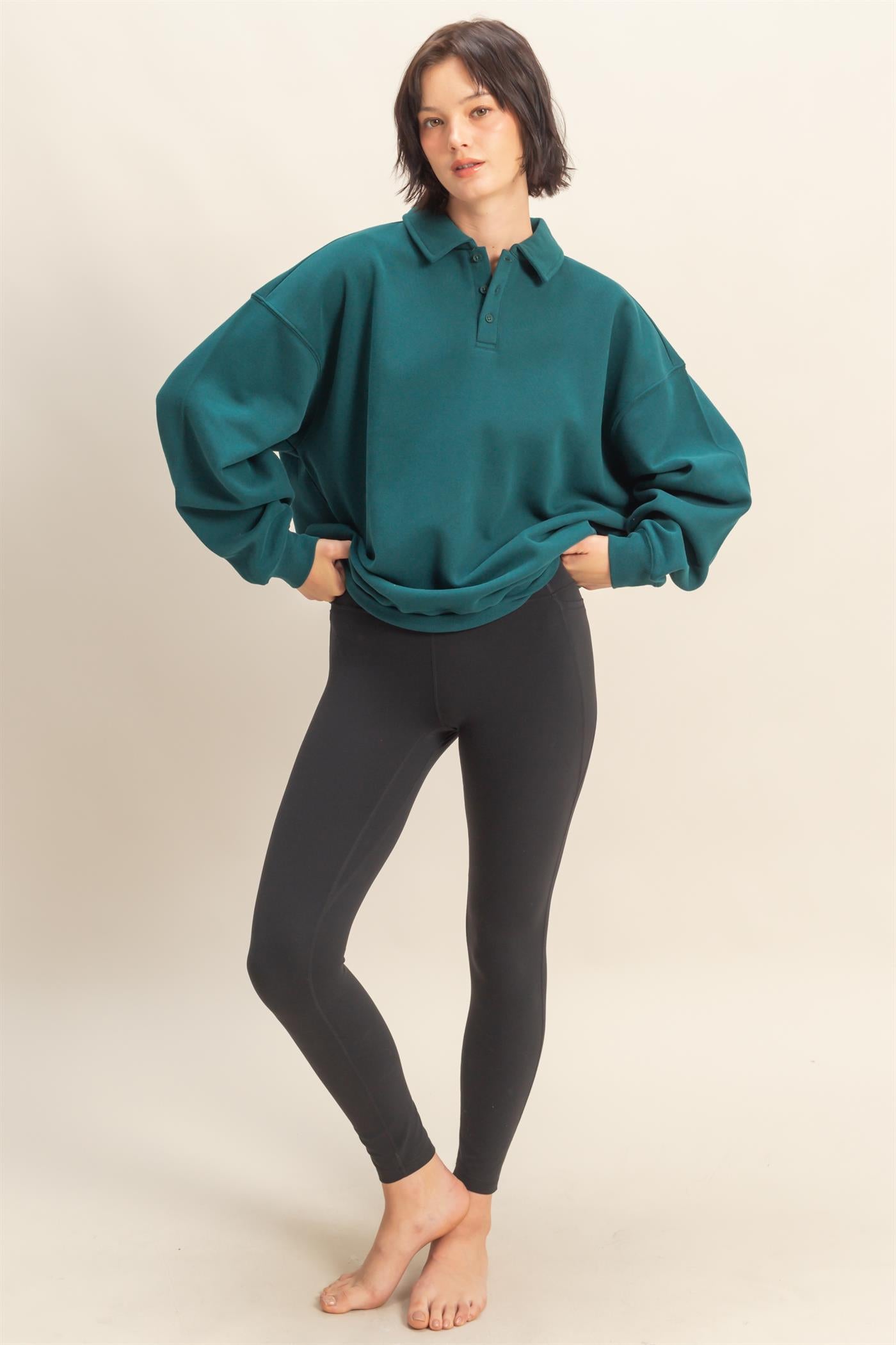 Wholesale Oversized Polo Collared Pullover Sweatshirts DZ25F074 DEEP GREEN DOUBLE ZERO