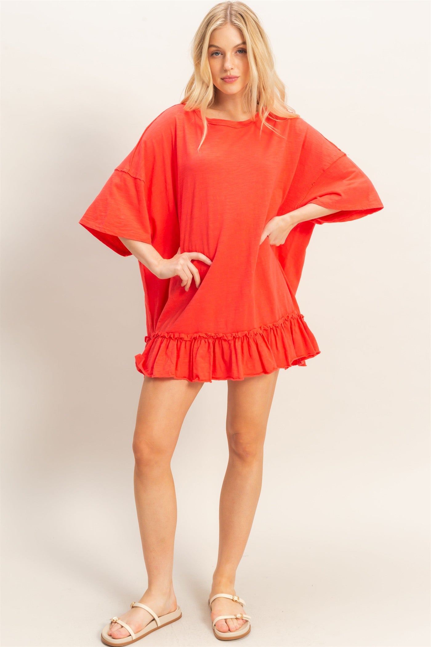 Wholesale Ruffled Hem Oversized Tunic Dresses HF26A785 ORANGE RED HYFVE