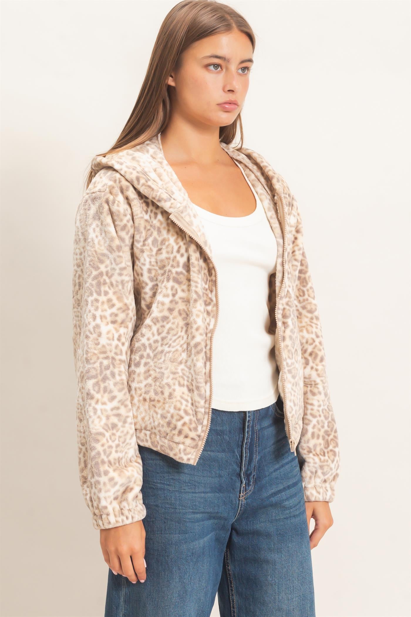 Wholesale Leopard Fleece Zip-Up Hoodie Hoodies DZ26E831 BEIGE DOUBLE ZERO