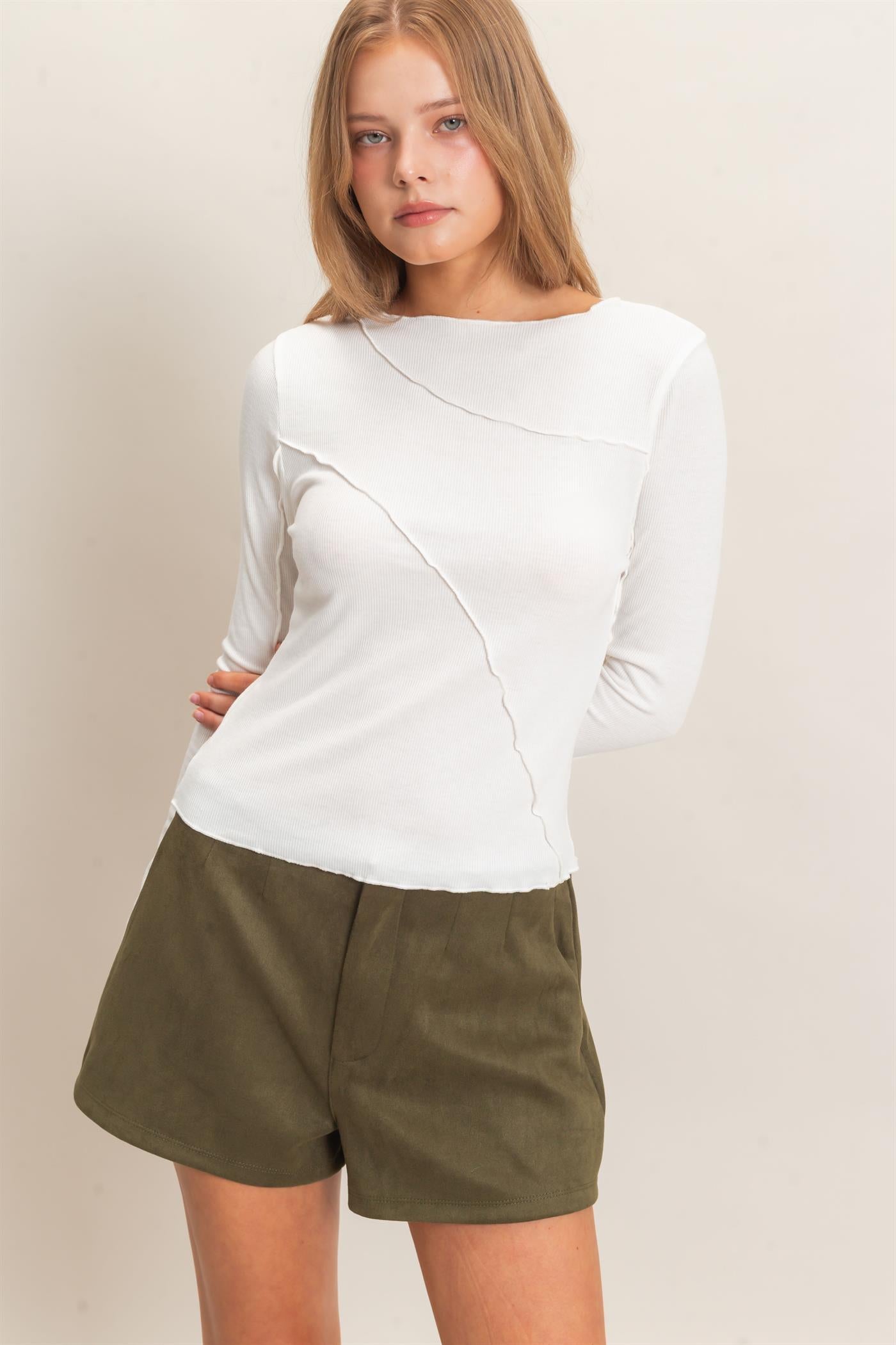 Wholesale Ruffled Ribbed Long Sleeve Top Clothing Tops HF26F085 OFF WHITE HYFVE
