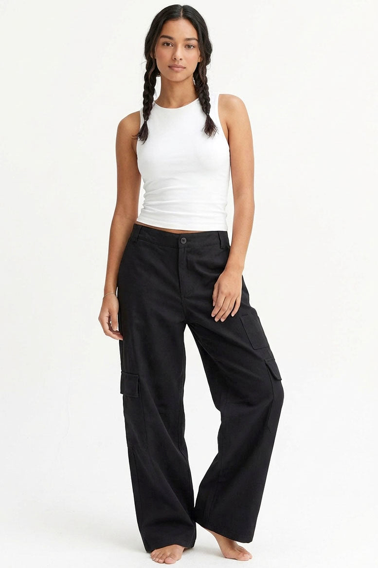 Wholesale Elastic Waist Wide-Leg Cargo Pants Pants DZ24E575 BLACK DOUBLE ZERO
