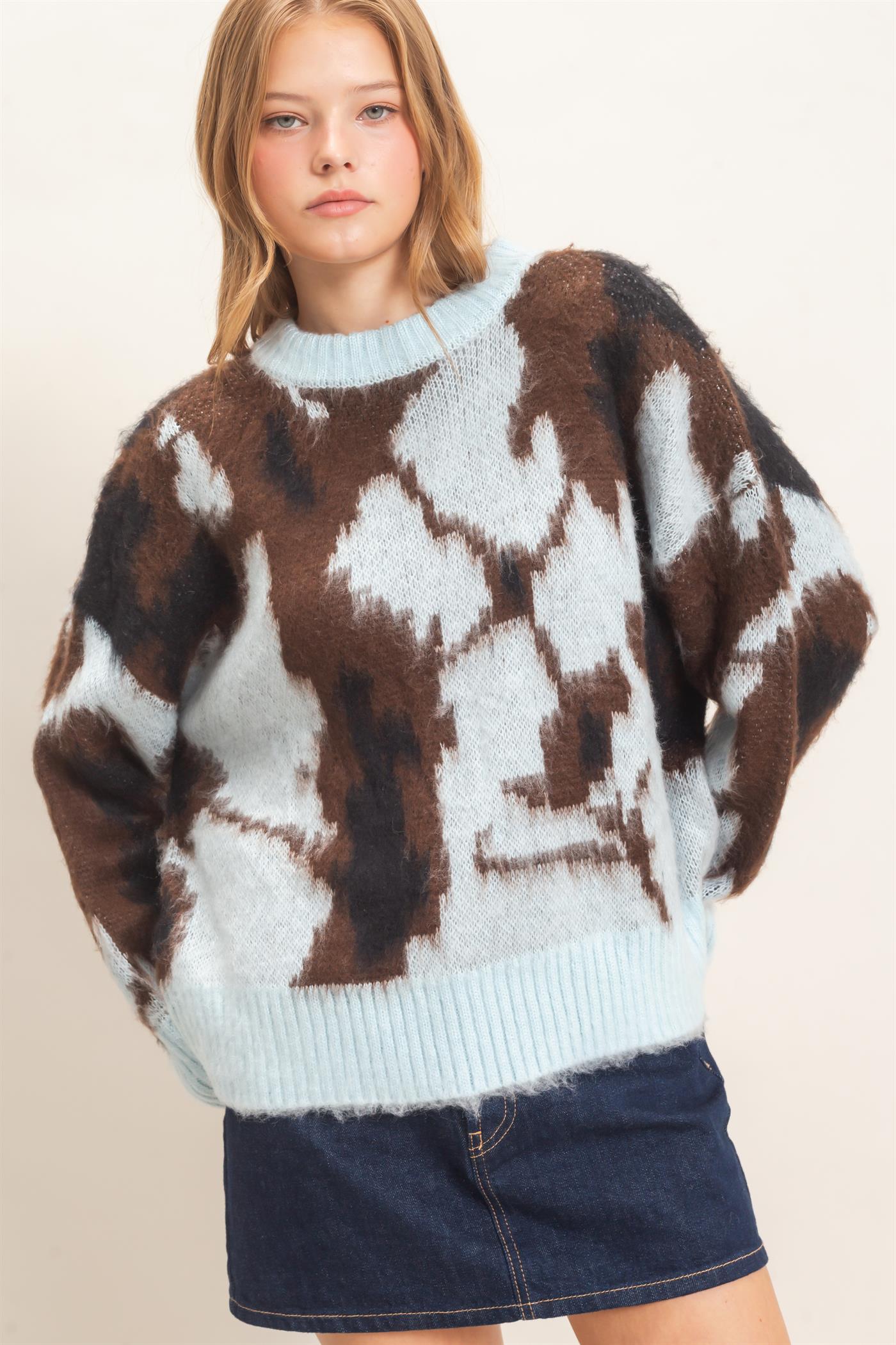 Wholesale Abstract Jacquard Mock Neck Sweater Sweaters HF26E663 BLUE HYFVE