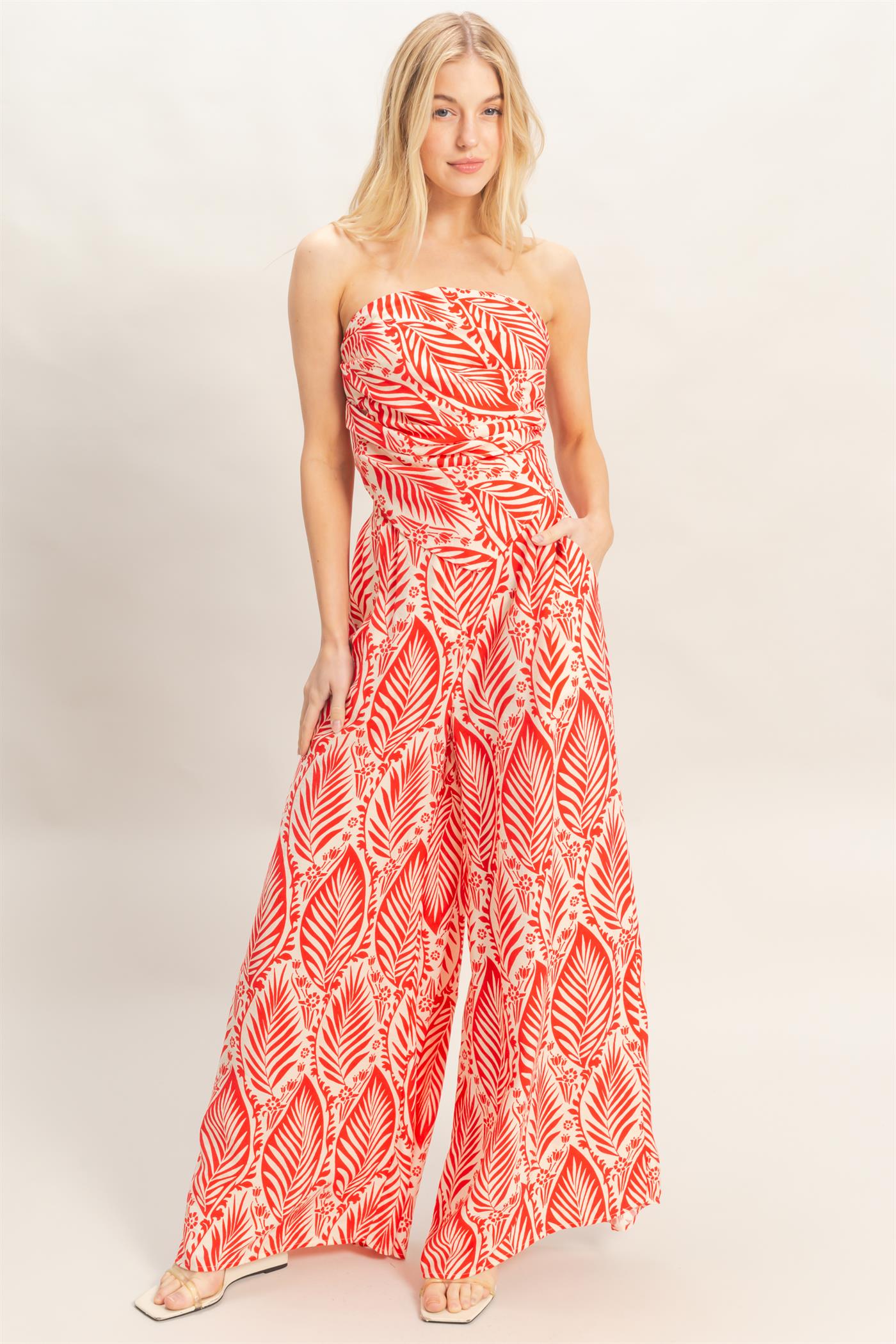 Wholesale Strapless Top & Pant Print Set Clothing HF25E577-SET-D RED HYFVE