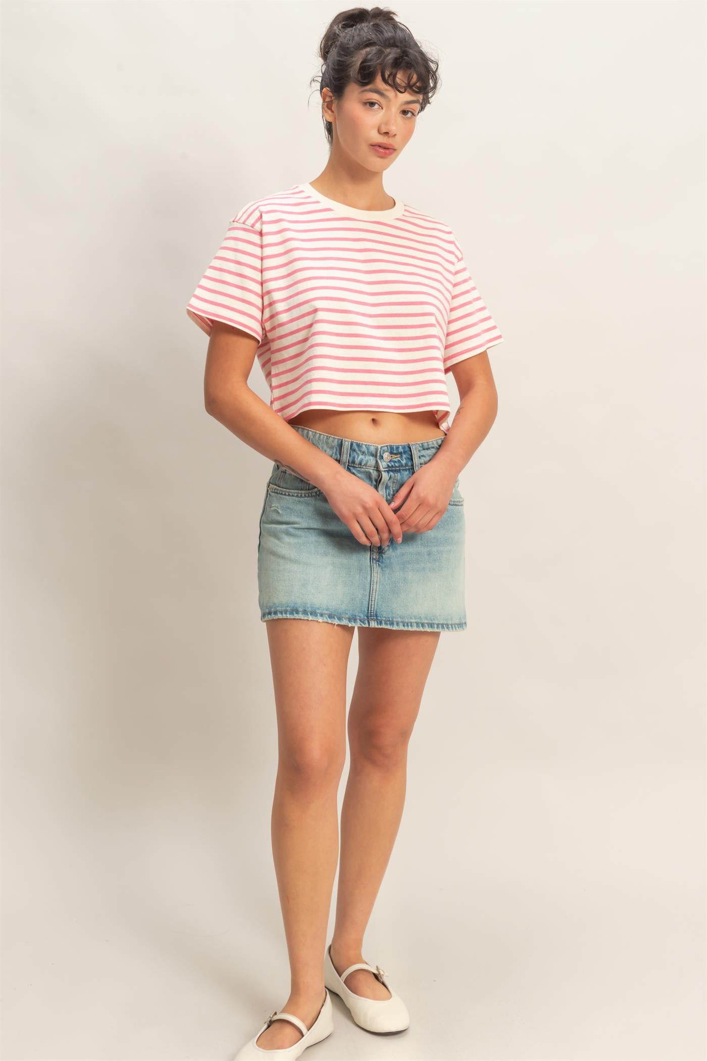 Wholesale Striped Oversized Short Sleeve Cropped Tee Clothing Tops DZ26C023 PINK DOUBLE ZERO