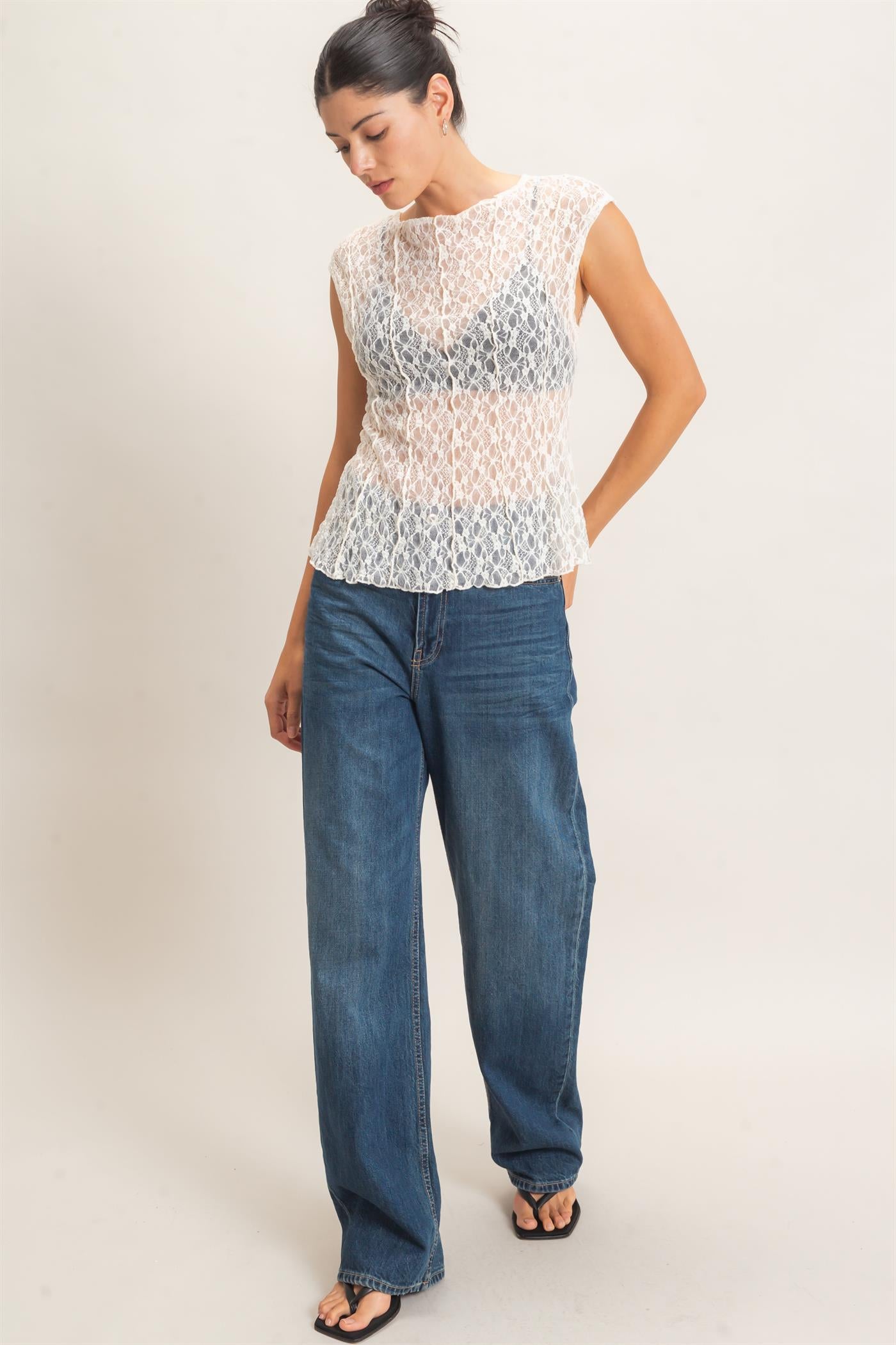 Wholesale Lace Cap Sleeve Top Clothing Tops HF26E672 CREAM HYFVE