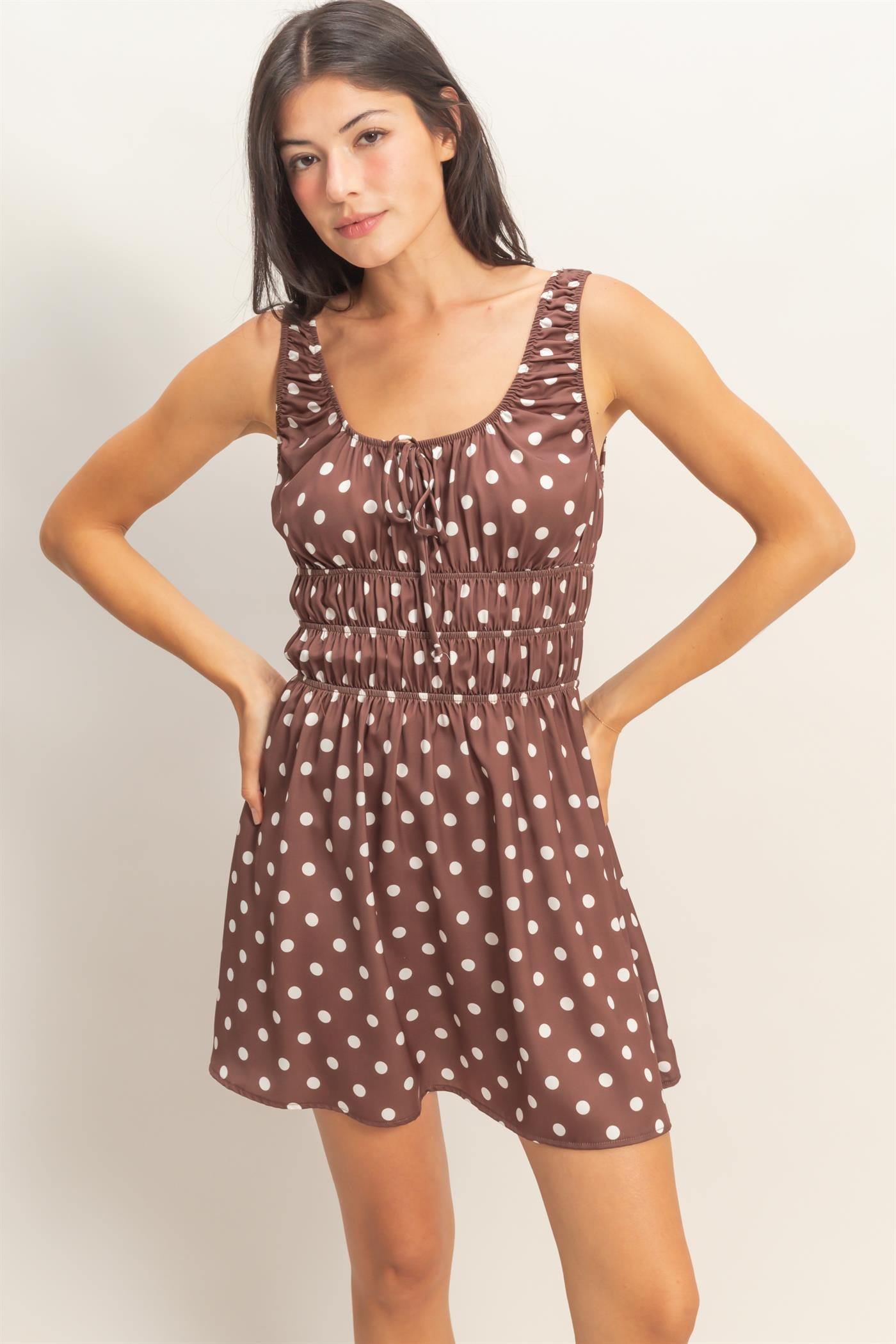 Wholesale Satin Polka Dot Mini Dress With Tie Dresses DZ25E064 CHOCOLATE DOUBLE ZERO