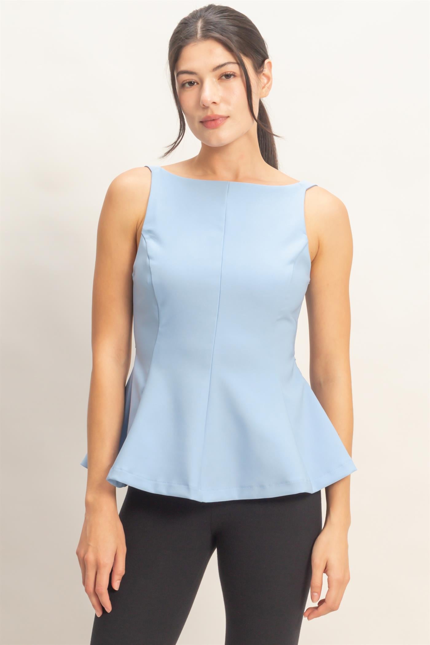 Wholesale Sleeveless Open Back Peplum Top Clothing Tops HF26A292 BLUE HYFVE