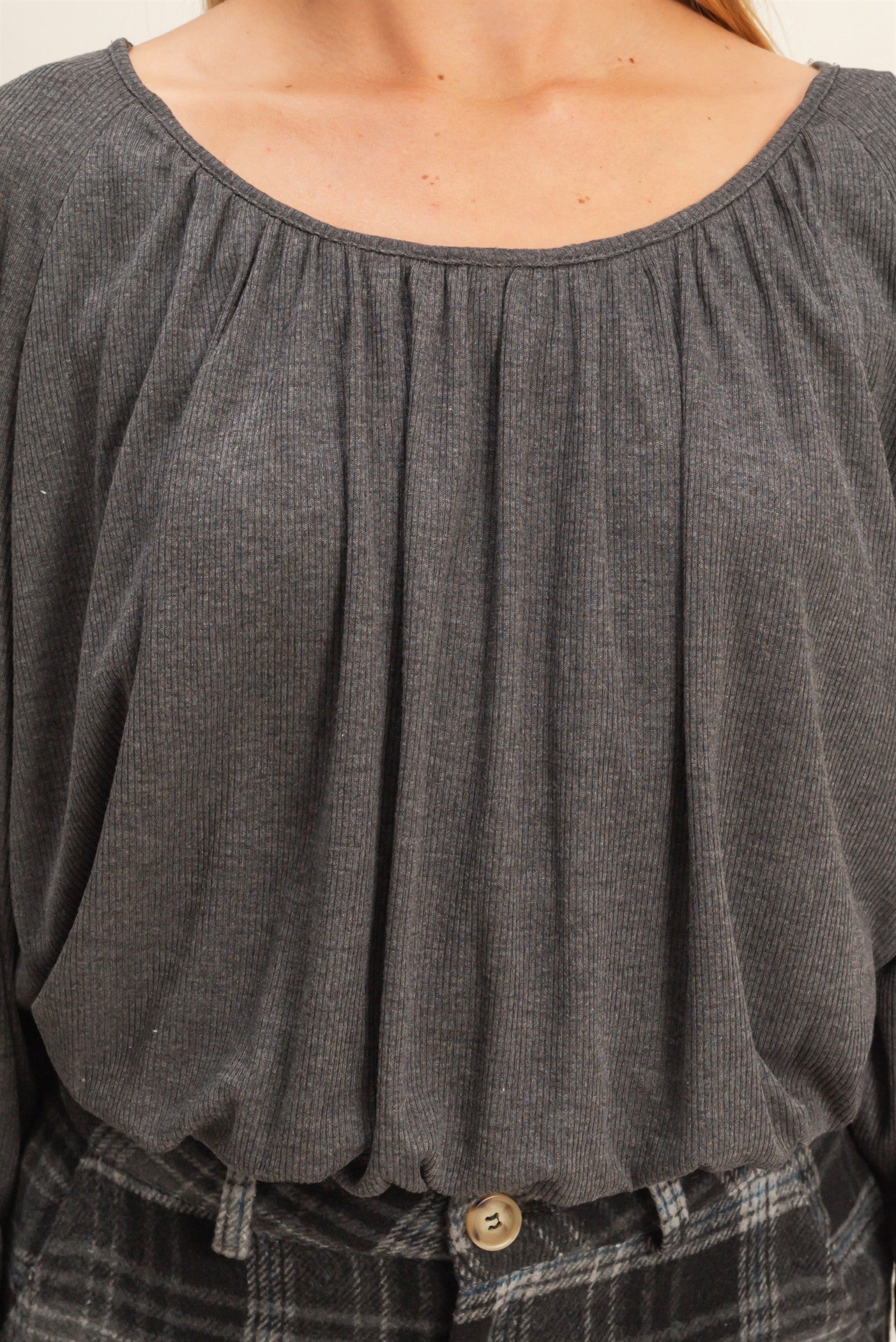 Wholesale Boat Neck Shirred Dolman Sleeve Blouse Clothing Tops HF21F952 CHARCOAL HYFVE