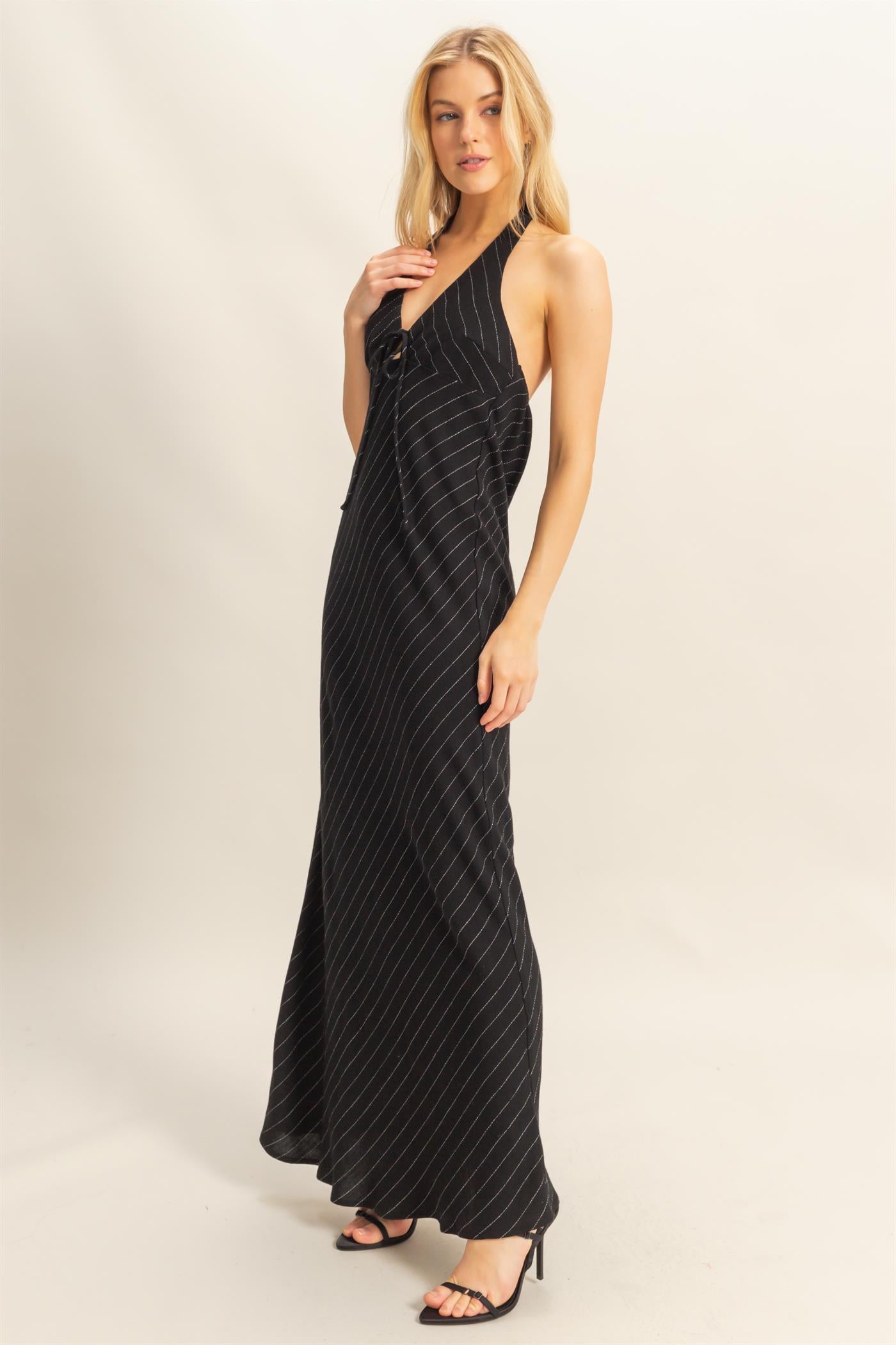 Wholesale Striped Halter Neck Linen Maxi Dress Dresses HF25C373 BLACK HYFVE