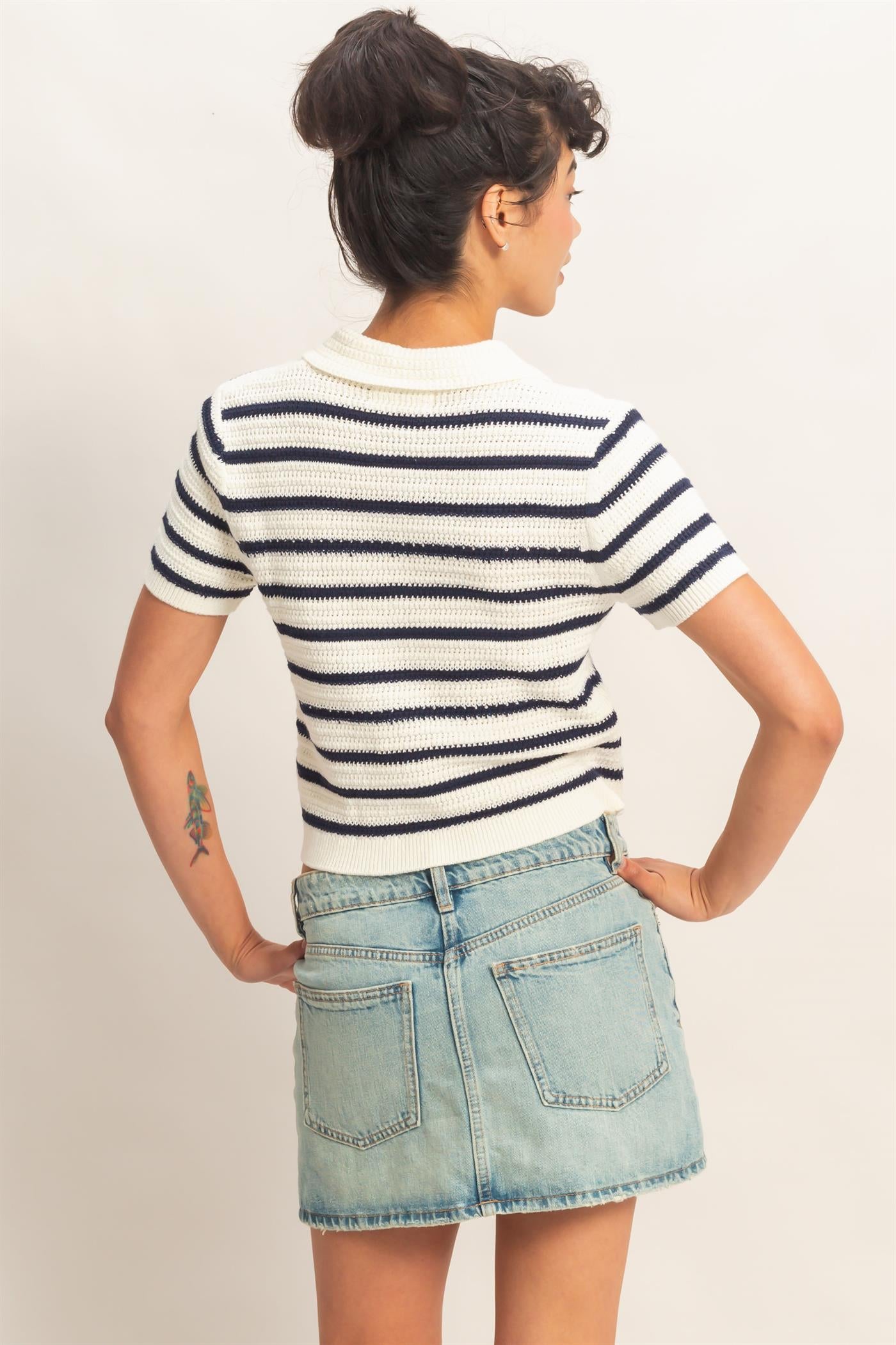 Wholesale Short Sleeve Striped Knit Polo Clothing Tops DZ26A603 NAVY DOUBLE ZERO