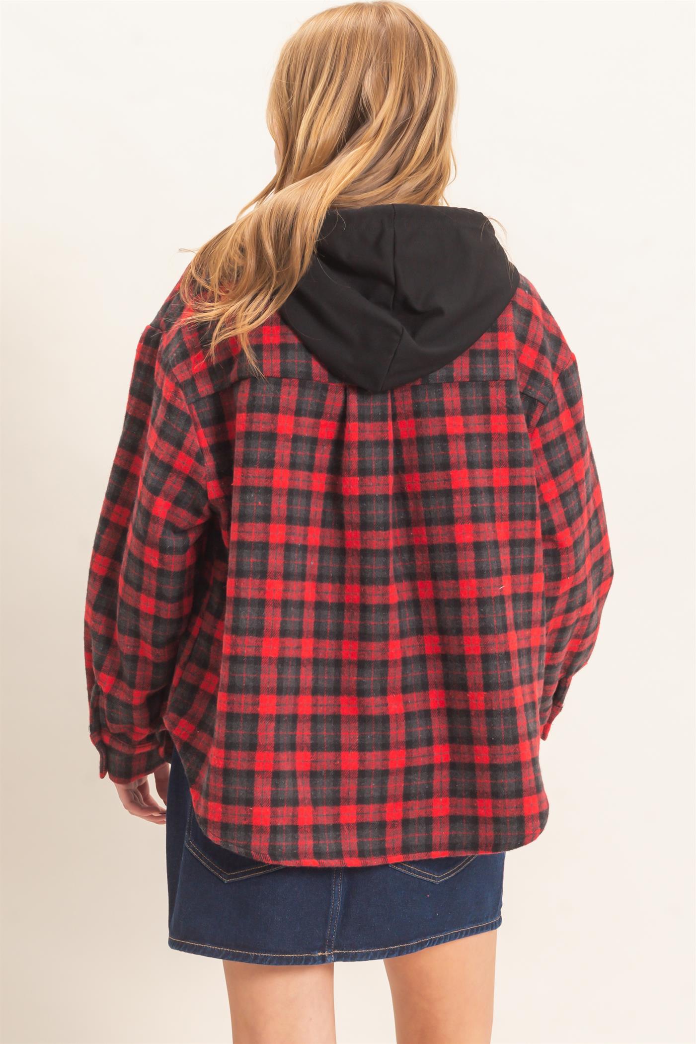 Wholesale Hooded Plaid Button-Up Shirt Shirts HF26F018 RED HYFVE