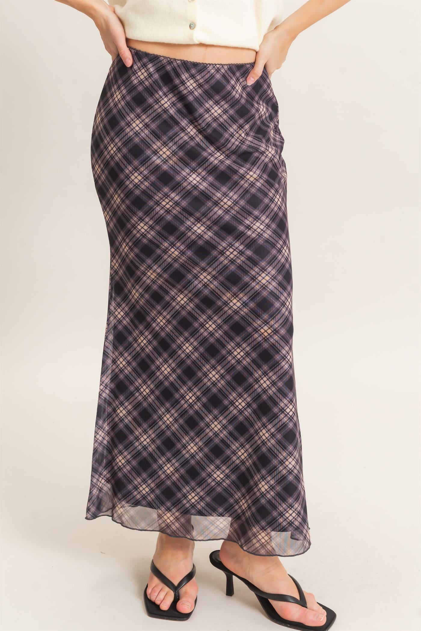 Wholesale Printed Mesh Maxi Skirt Skirts HF26F214 BLACK/PLAID HYFVE