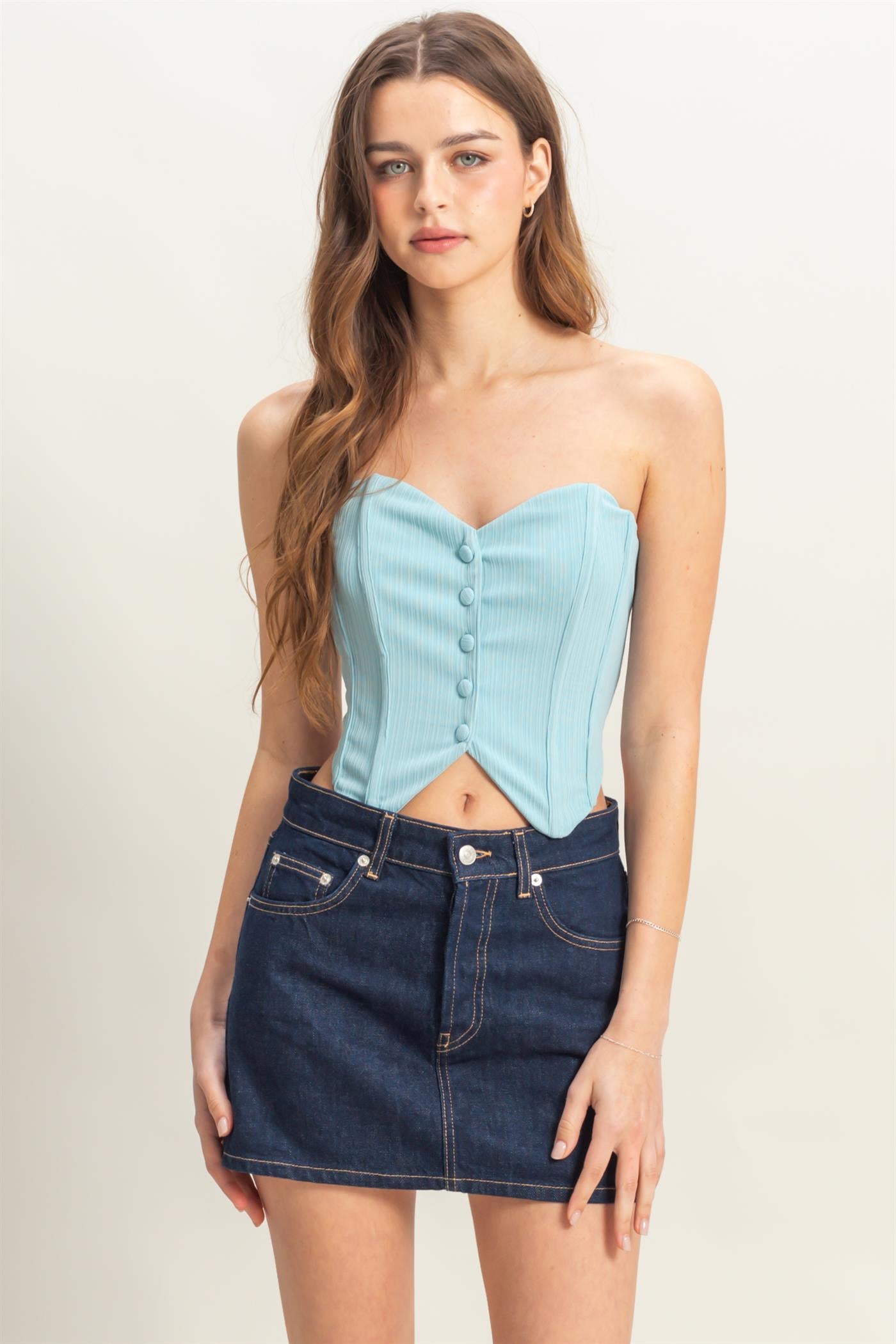 Wholesale Buttoned Front Strapless Knit Bustier Top Clothing Tops HF25A209 AQUA HYFVE