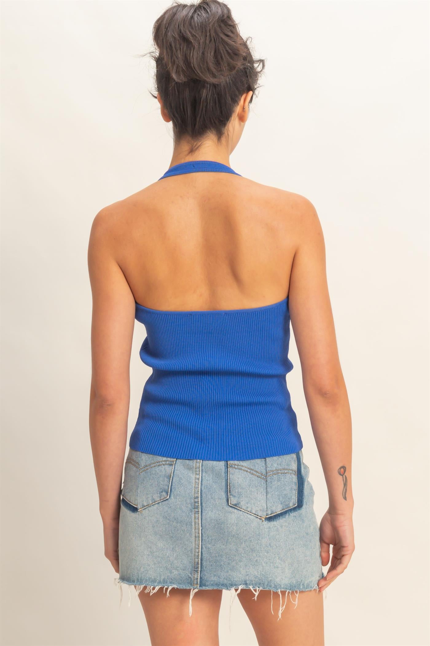 Wholesale Ribbed Halter Neck Top Clothing Tops DZ26C628 COBALT DOUBLE ZERO