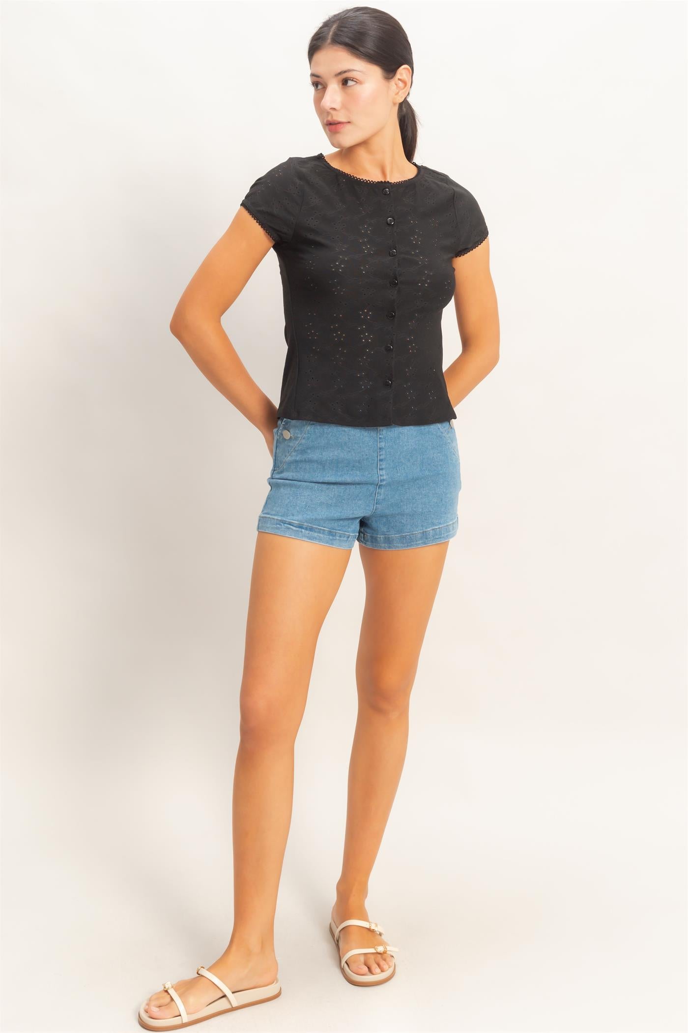 Wholesale Eyelet Button Front Knit Top Clothing Tops HF26C094 BLACK HYFVE