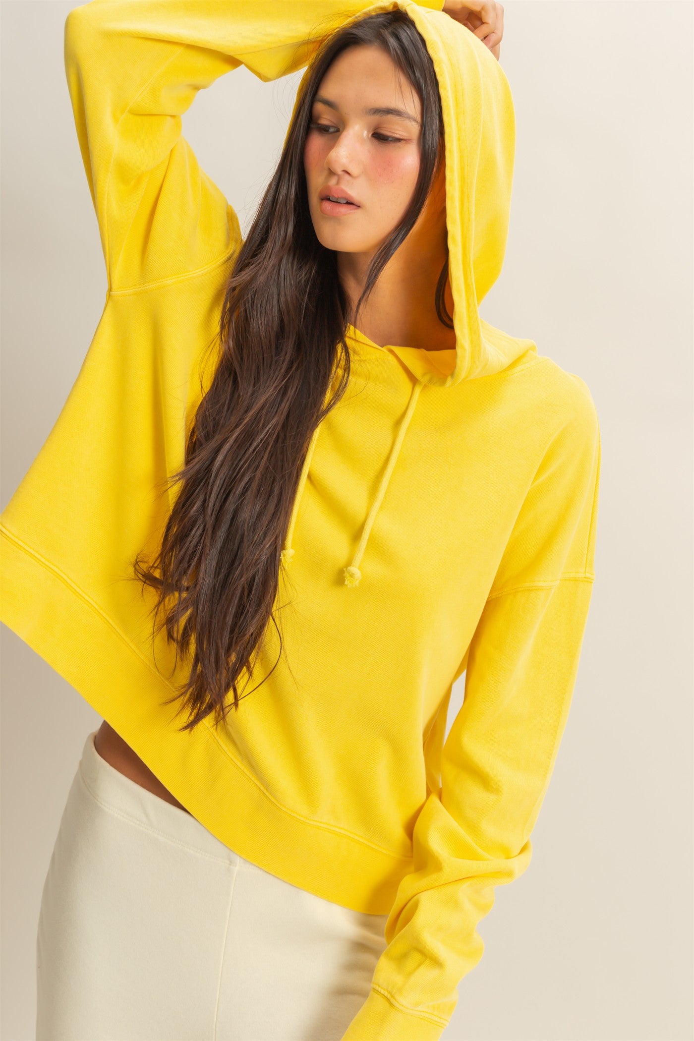 Wholesale Long Sleeve Drawstring Hoodie Clothing Tops DZ23E999 BANANA CREAM DOUBLE ZERO