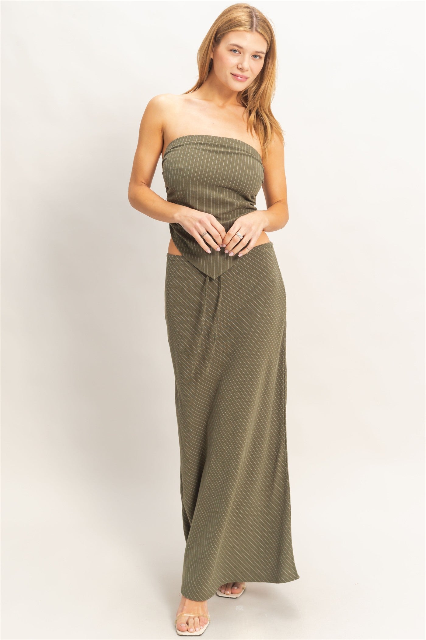 Wholesale Striped Bandeau Drape Top Clothing HF26C387 OLIVE HYFVE