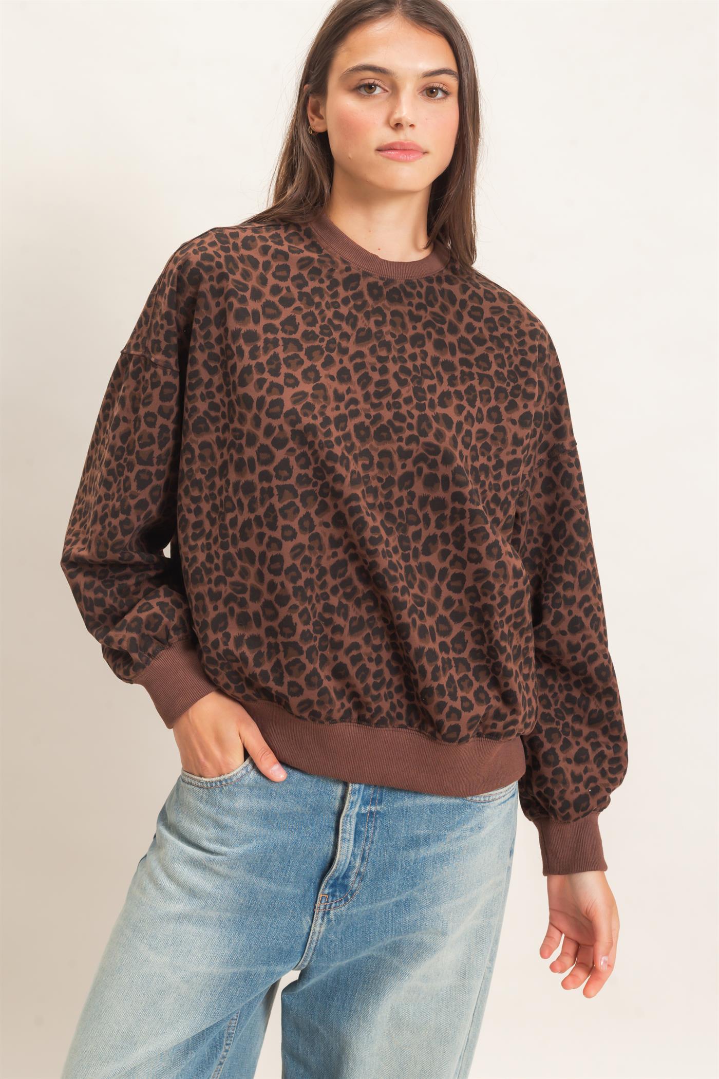 Wholesale Leopard Print Sweatshirt Sweatshirts HF27A426 BROWN HYFVE