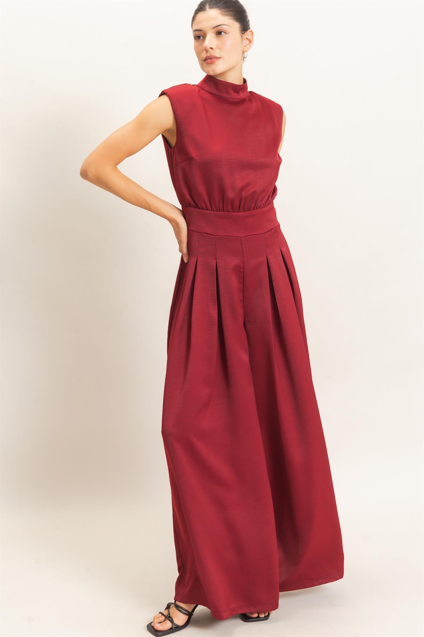 Wholesale Sleeveless Mock Neck Jumpsuit Clothing HF26F209-D WINE HYFVE