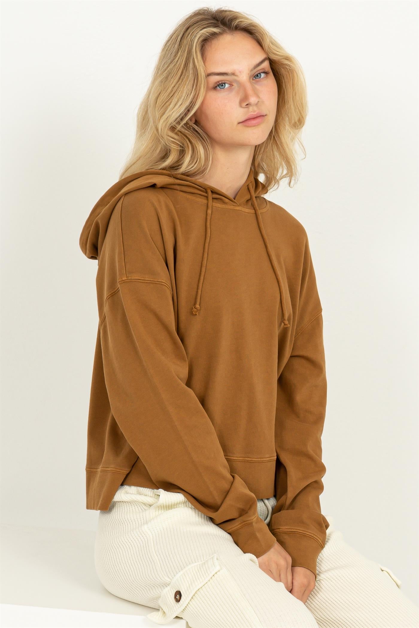 Wholesale Long Sleeve Drawstring Hoodie Clothing Tops DZ23E999 PALE BROWN DOUBLE ZERO