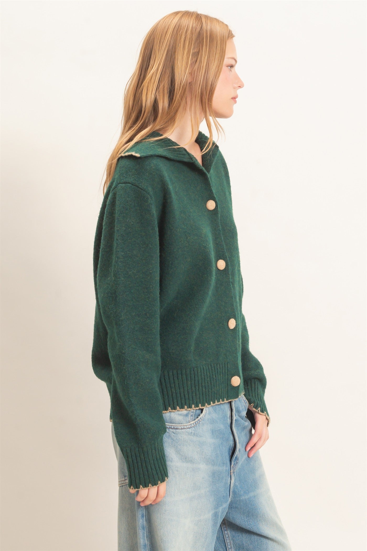 Wholesale Blanket Stitch Collared Cardigan Cardigans HF26F356 DEEP GREEN HYFVE