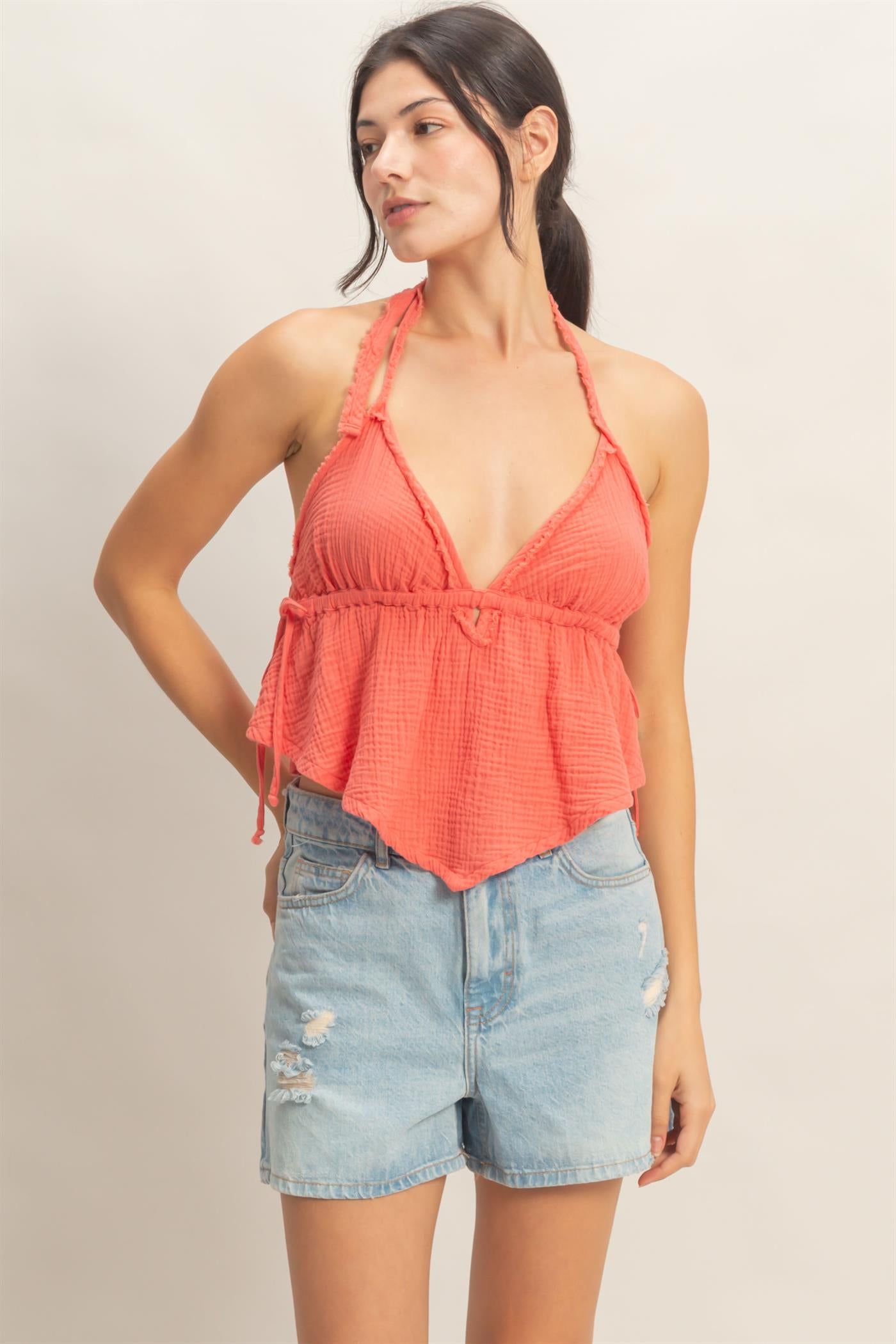 Wholesale Textured Halter Tie Waist Top Clothing Tops HF26C027 RED ORANGE HYFVE