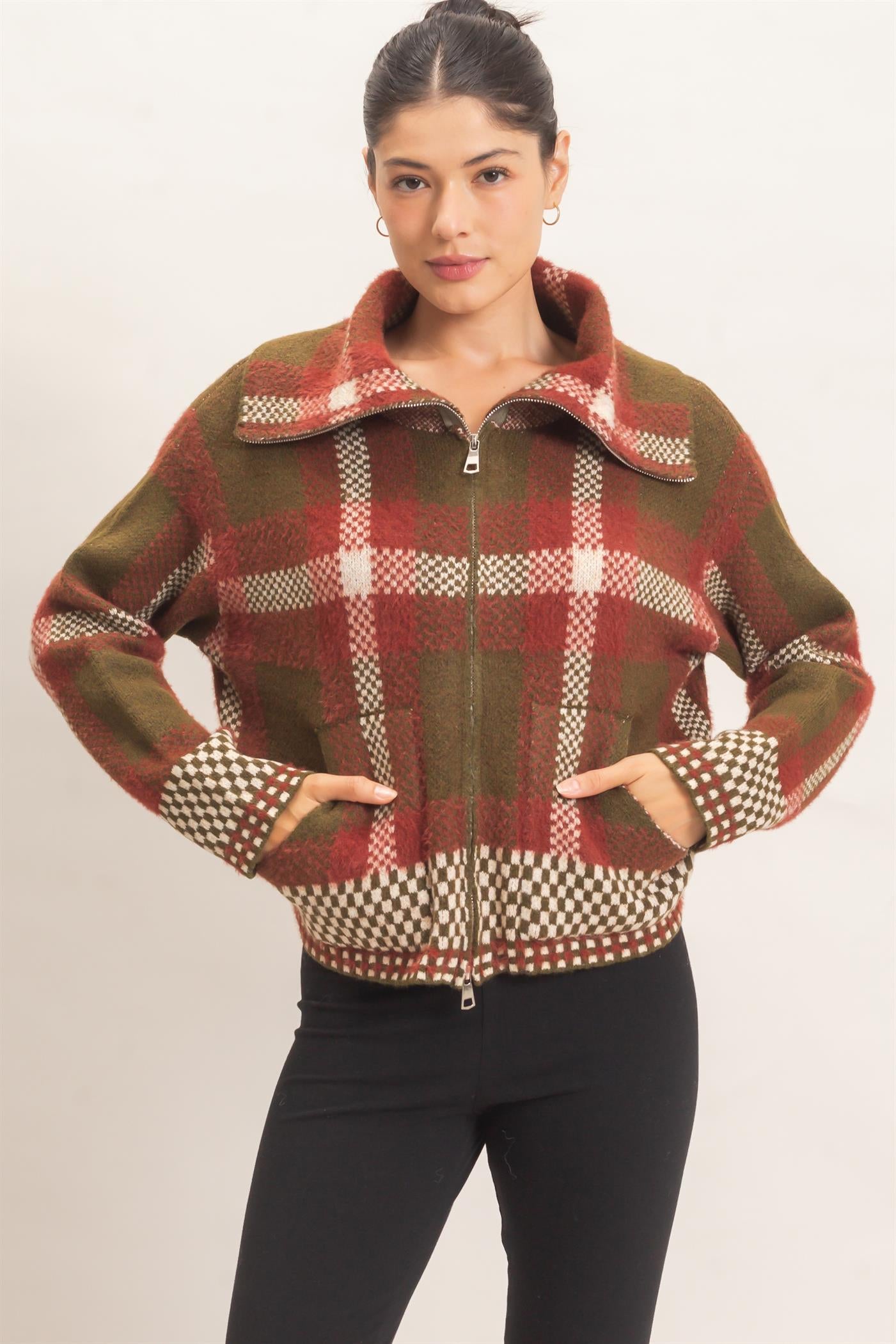 Wholesale Wide Collar Plaid Zip-Up Sweater Cardigans HF26E898 OLIVE COMBO HYFVE