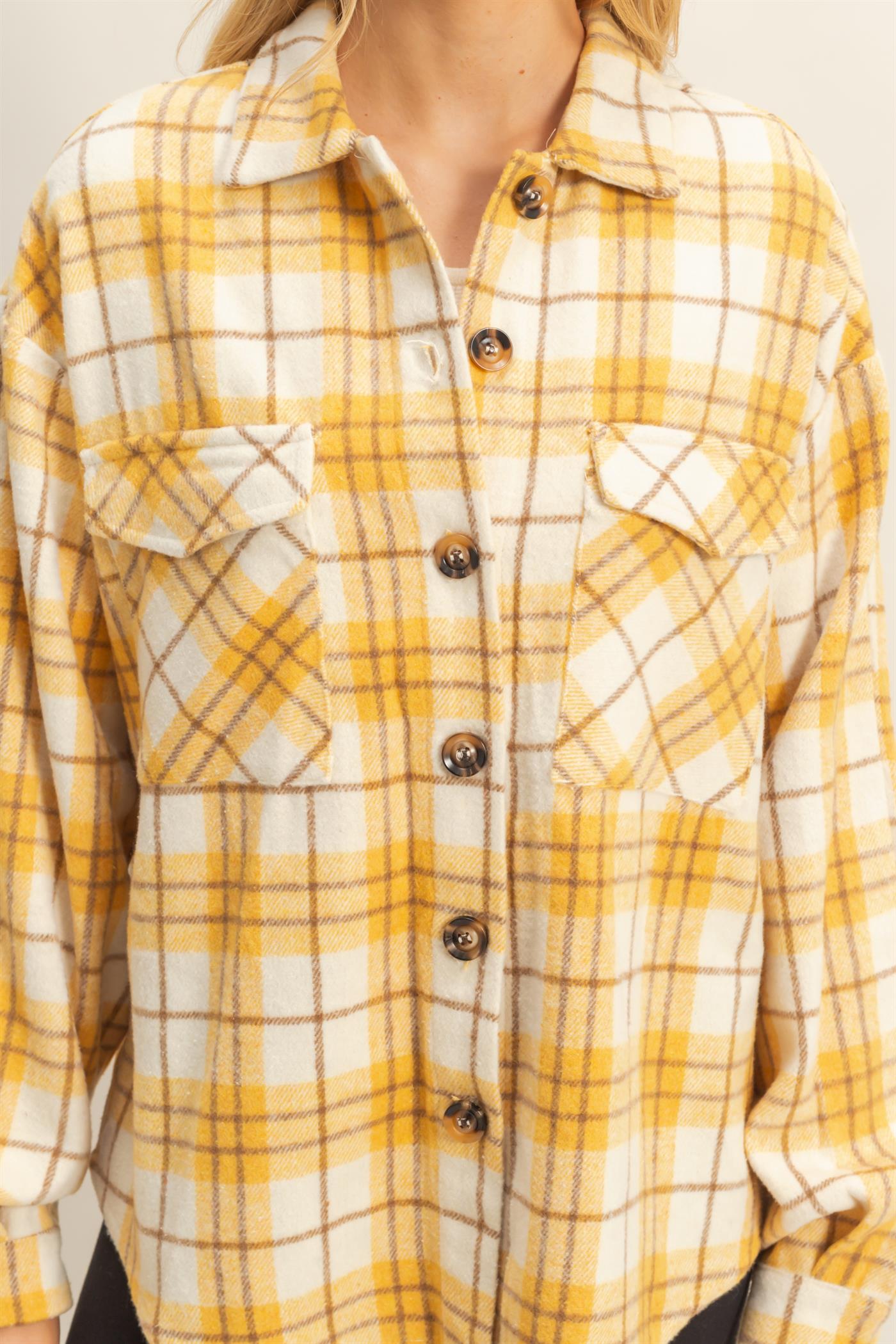 Wholesale Collared Plaid Shacket Shirts HF23G058 YELLOW HYFVE