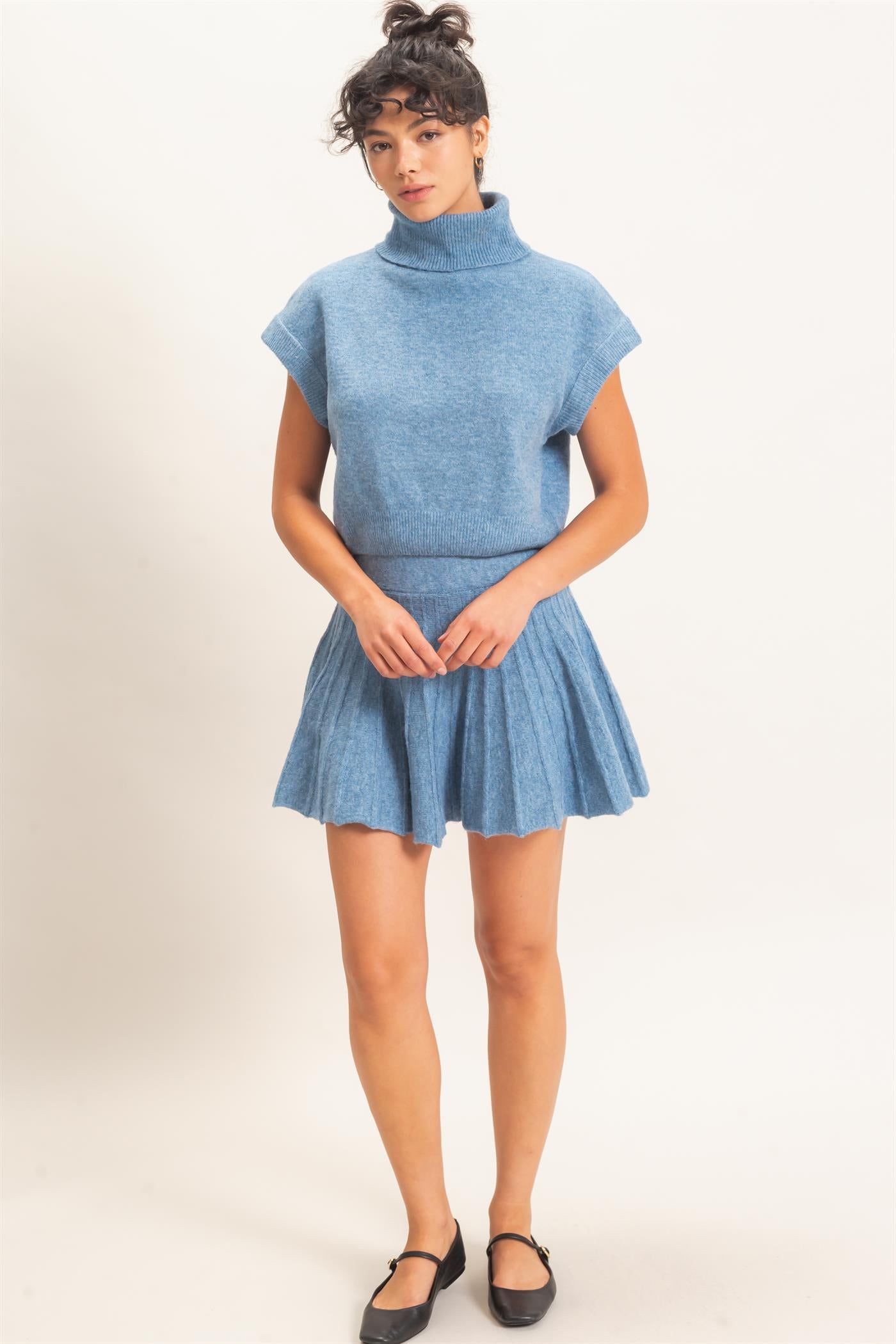 Wholesale Turtleneck Crop Top And Pleated Skirt Set Clothing DZ26C981-SET DUSTY BLUE DOUBLE ZERO
