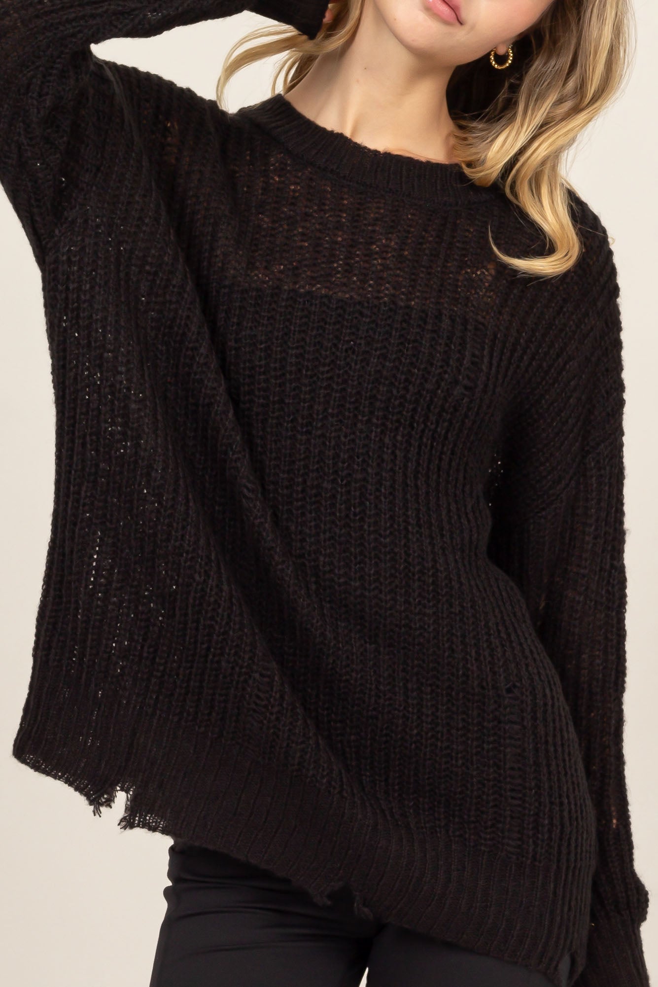 Wholesale Distressed Knit Sweater Sweaters DZ23F192 BLACK DOUBLE ZERO
