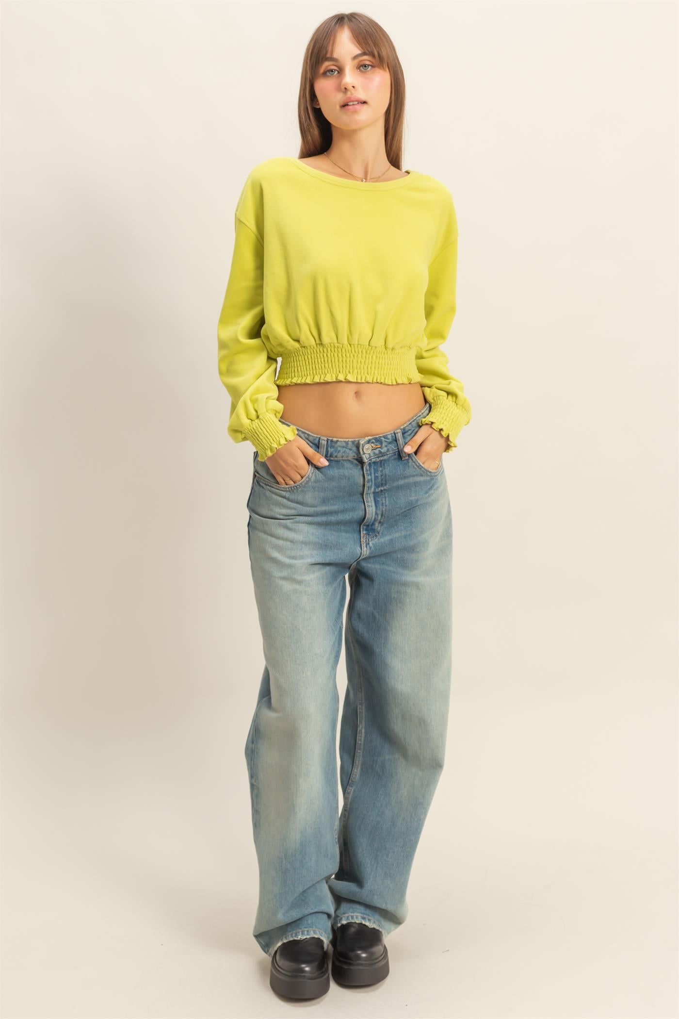 Wholesale Brushed Knit Smocked Crop Top Clothing Tops HF24C116 LIME HYFVE