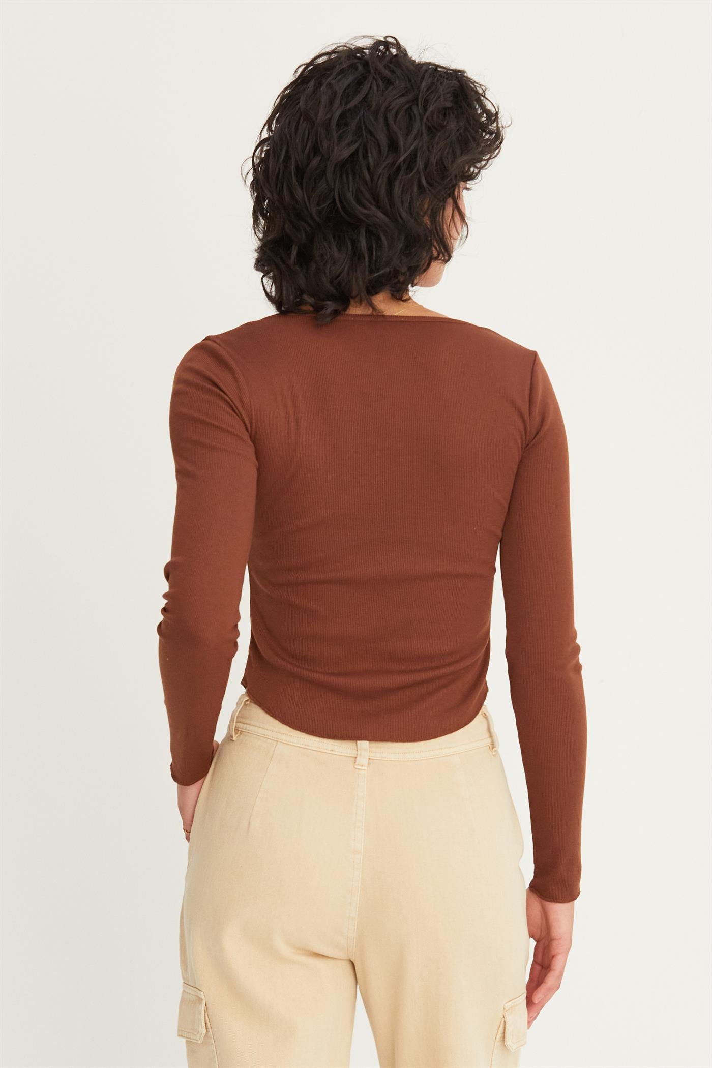Wholesale Ribbed Long Sleeve Button Front Top Clothing Tops DZ25A025 CHESTNUT DOUBLE ZERO